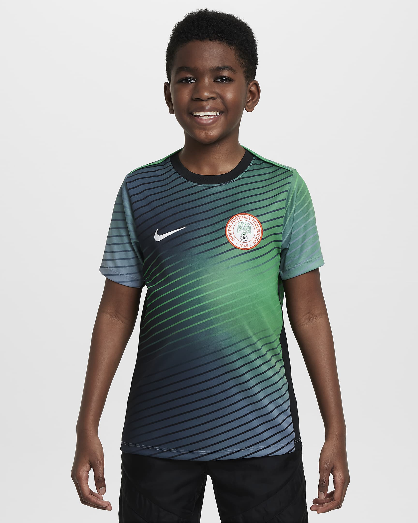 Nigeria Academy Pro Older Kids' Nike Dri-FIT Football Pre-Match Short-Sleeve Top - Cool Grey/Lucky Green/Black/White