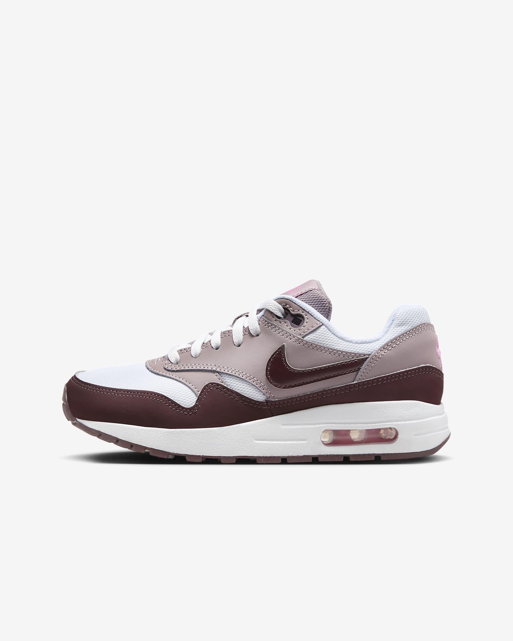 Air Max 1 Older Kids' Shoes - White/Light Violet Ore/Playful Pink/Burgundy Crush