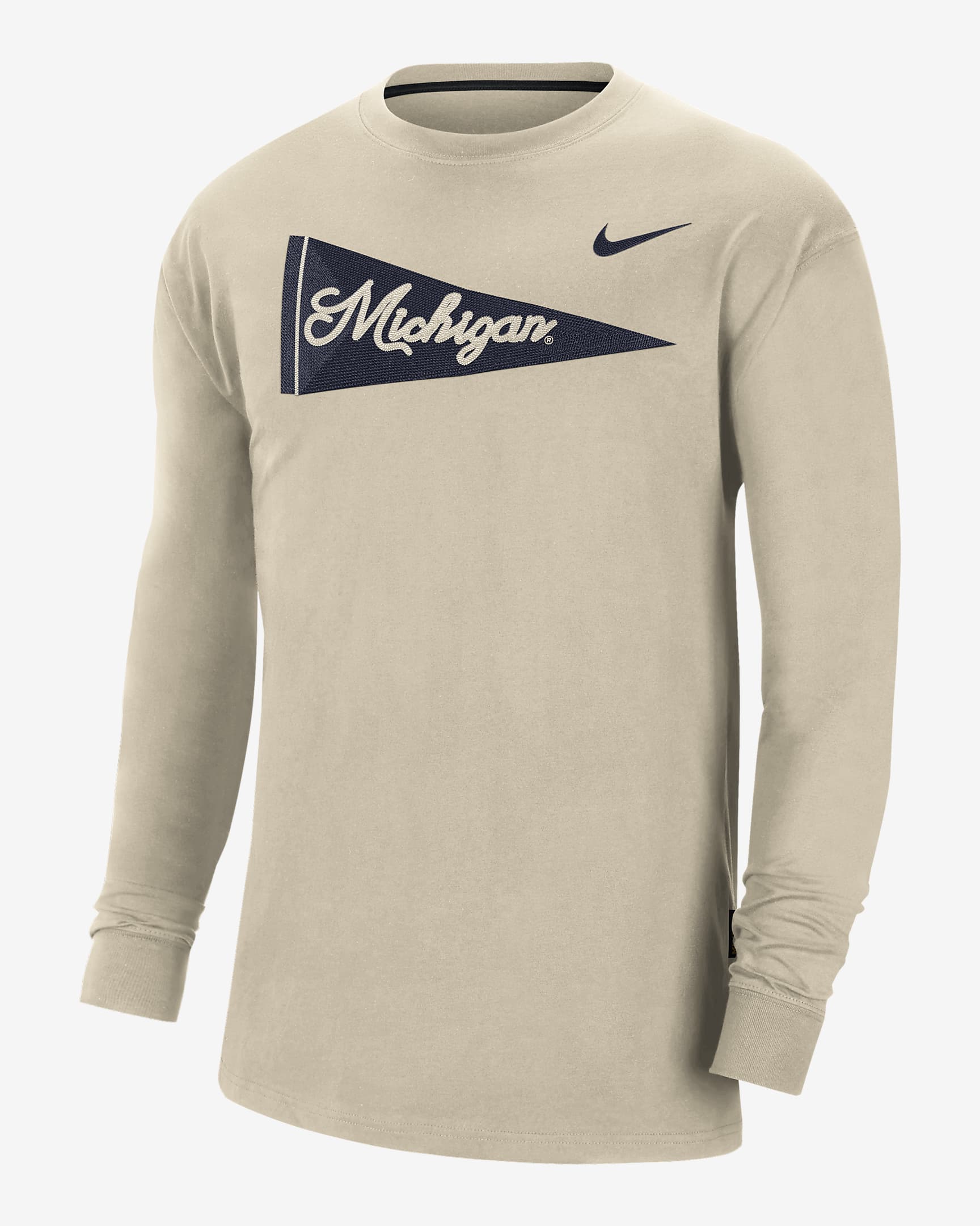 Playera de cuello redondo universitaria Nike para hombre Michigan - Ratán/Jaspeado/Negro/Azul marino universitario