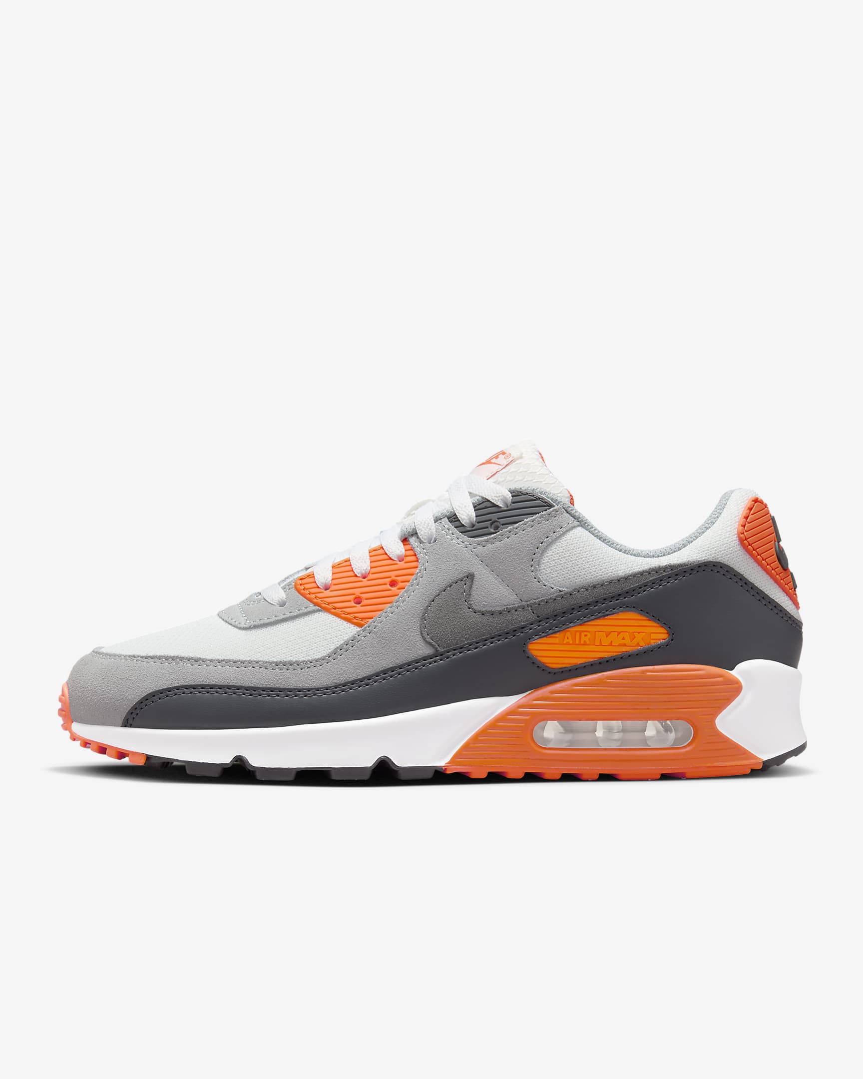 Sapatilhas Nike Air Max 90 para homem - Branco Summit/Laranja Safety/Cinzento Smoke escuro/Cinzento Smoke