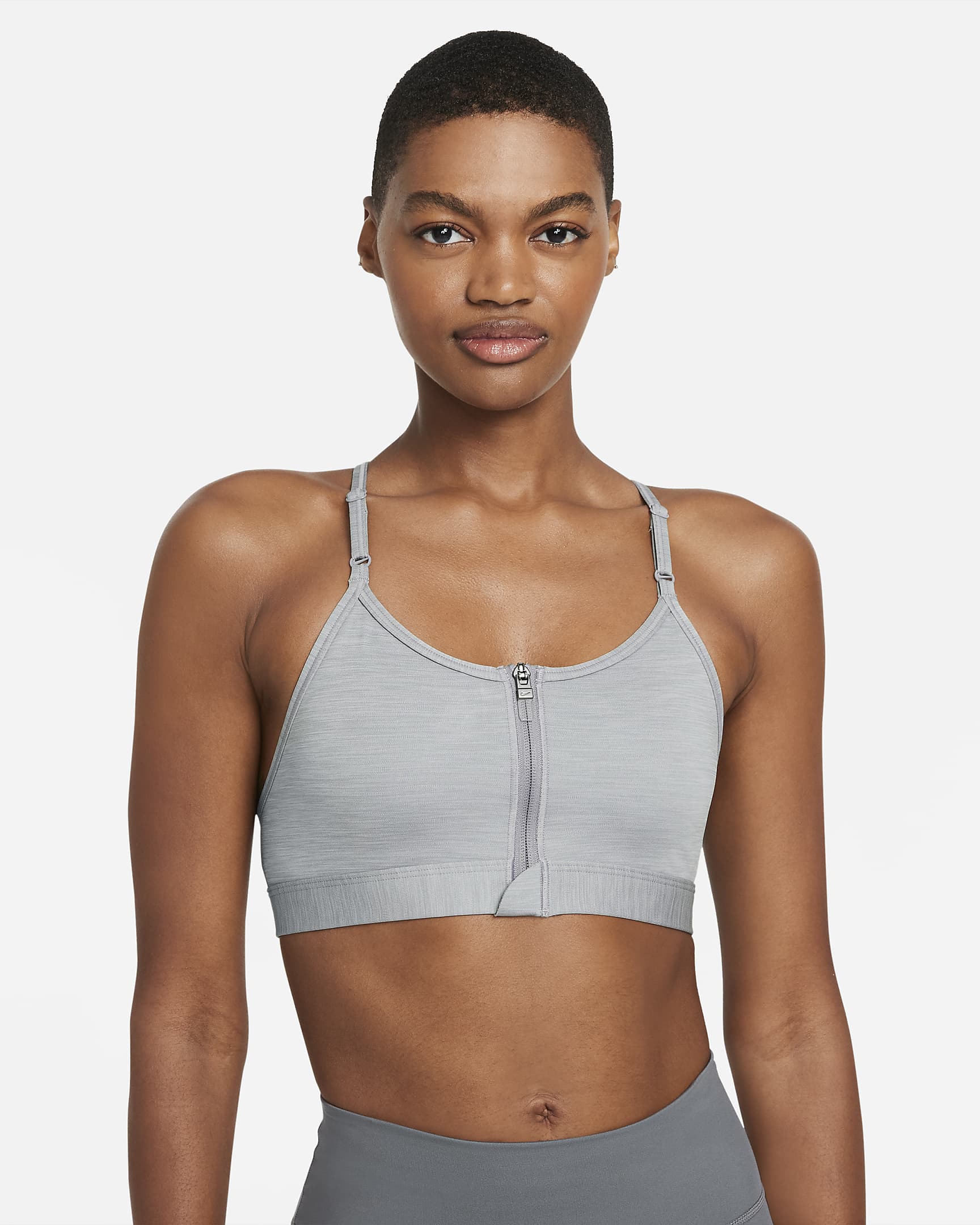 Nike Indy Zip-Front Bra deportivo con almohadillas de baja sujeción para mujer - Gris partícula/Jaspeado/Negro