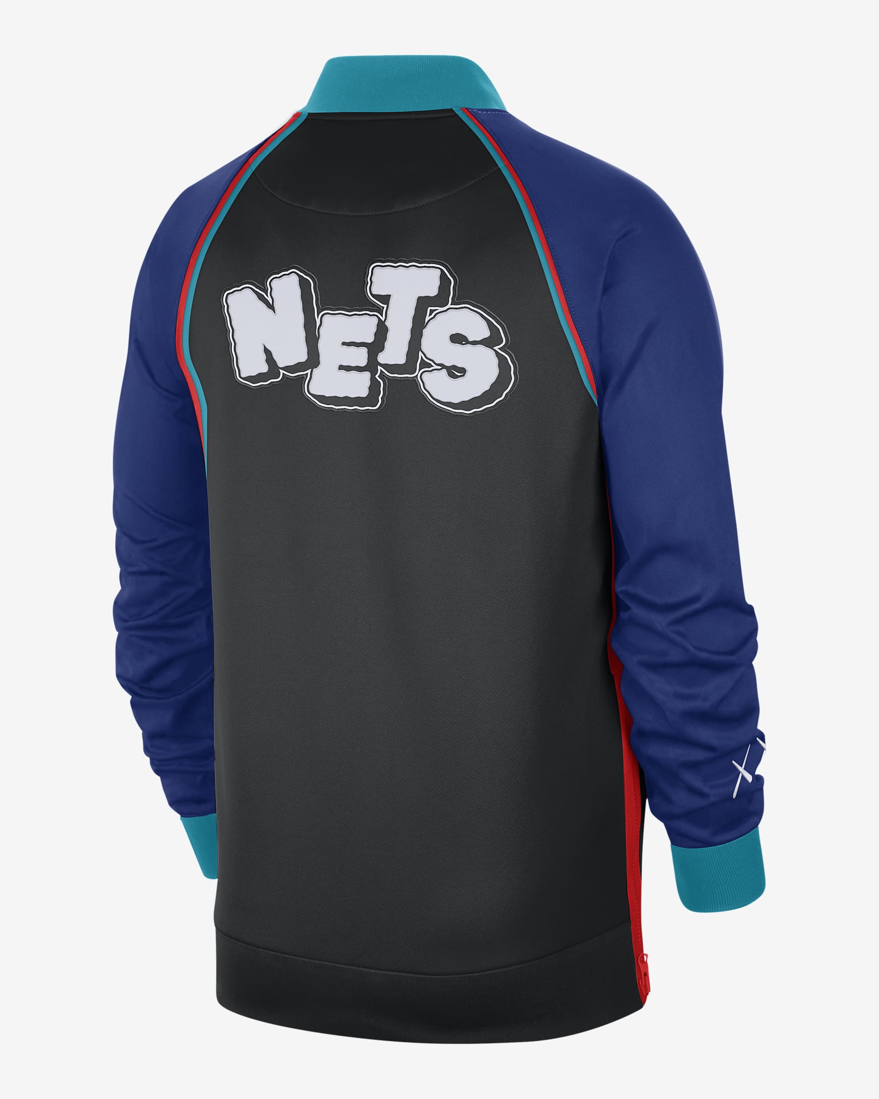 Brooklyn Nets Showtime City Edition Men's Nike Dri-FIT Full-Zip Long-Sleeve Jacket - Black/Rush Blue/Chile Red/White