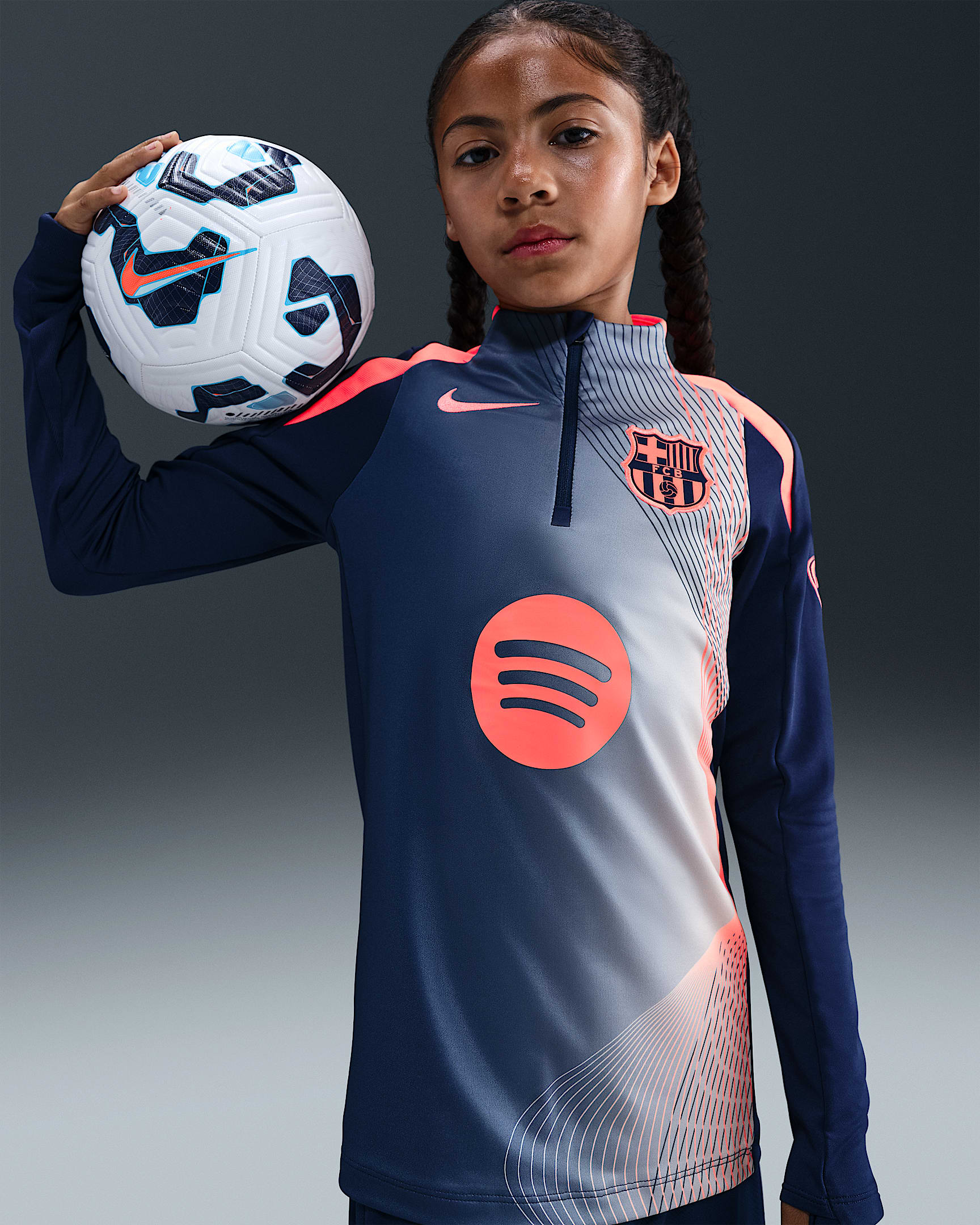 F.C. Barcelona Strike Third Older Kids' Nike Dri-FIT Total 90 Football Pre-Match Drill Top - Midnight Navy/Bright Mango
