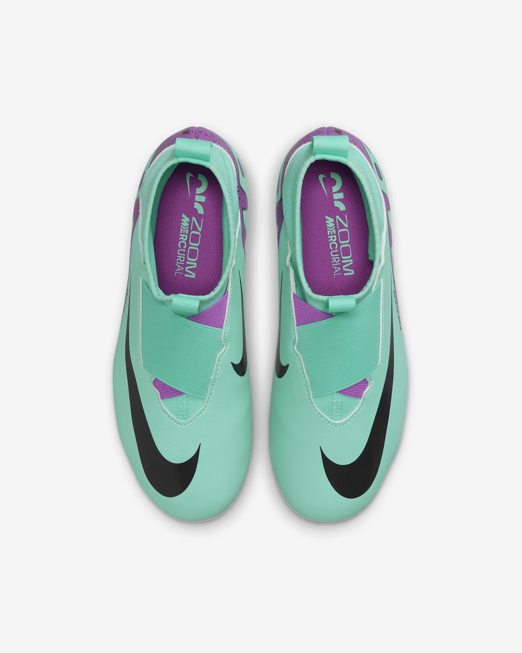 Tacos de fútbol de corte high para terrenos múltiples para niños de preescolar y grandes Nike Jr. Mercurial Superfly 9 Academy - Hiperturquesa/Negro/Blanco/Sueño fucsia