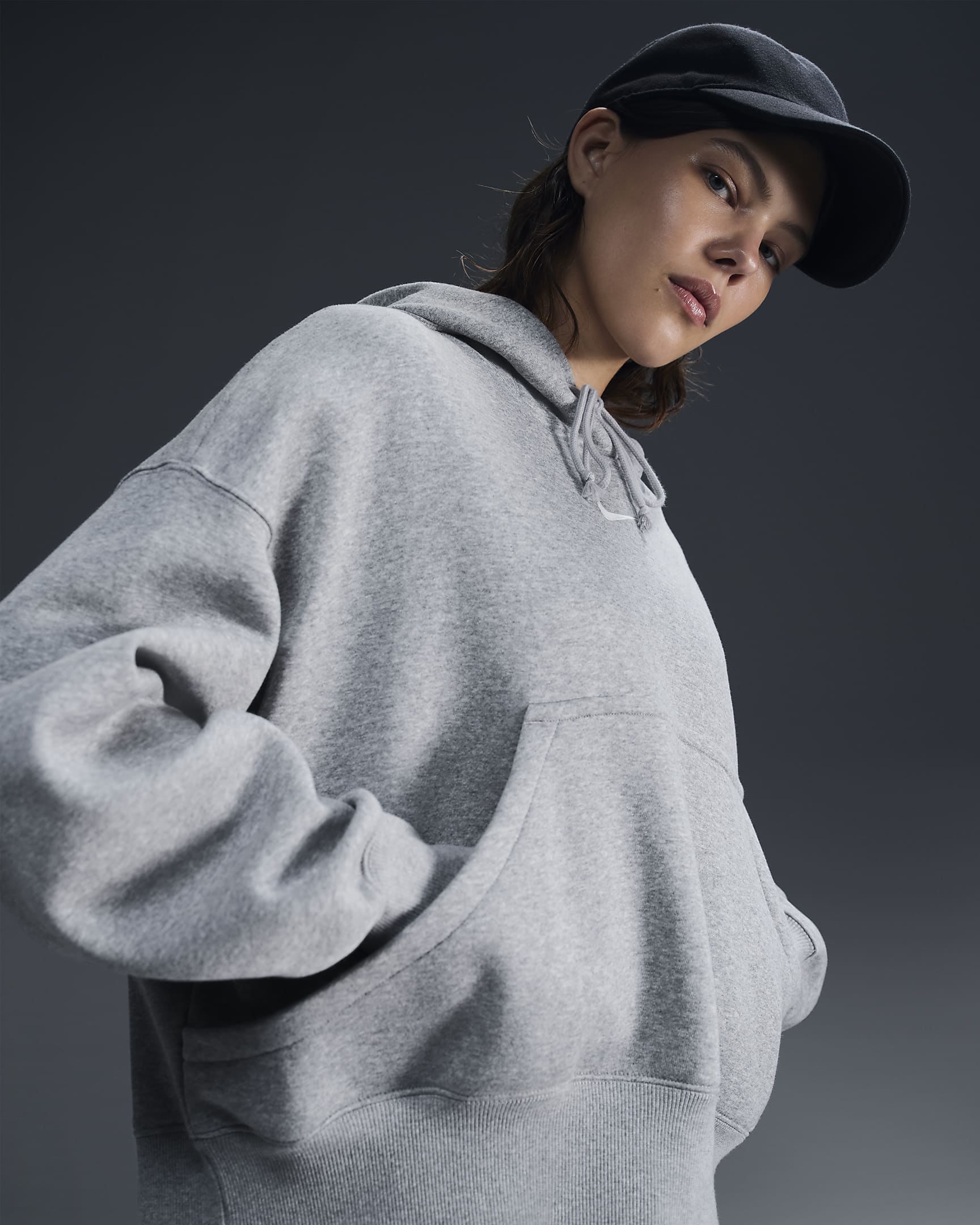 Huvtröja i extra oversize-modell Nike Sportswear Phoenix Fleece för kvinnor - Dark Grey Heather/Sail