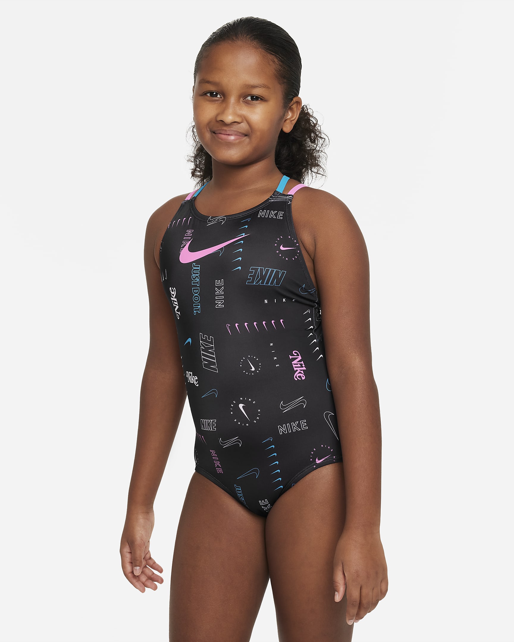 Nike Older Kids' (Girls') Spiderback One-piece Swimsuit - Black/Pink Spell/Blue Lightning/Pink Spell