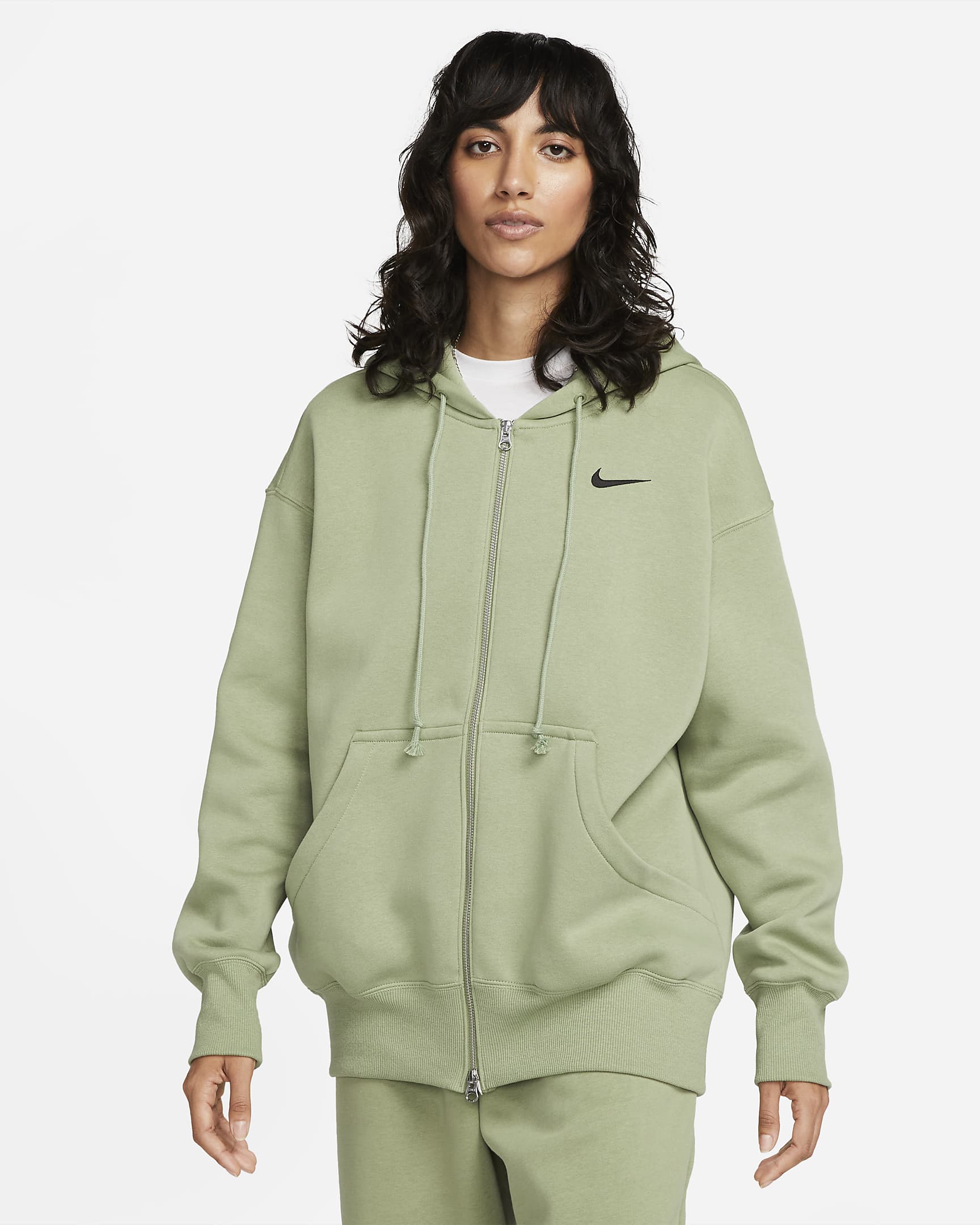 Sudadera con gorro con cierre completo de tejido Fleece oversized para mujer Nike Sportswear Phoenix - Verde aceite/Negro