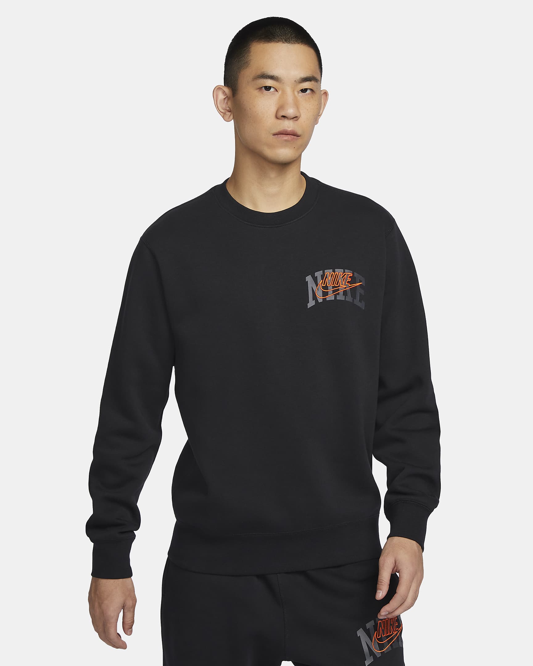 Nike Club Fleece Men's Long-Sleeve Crew-Neck Sweatshirt - Black/Safety Orange