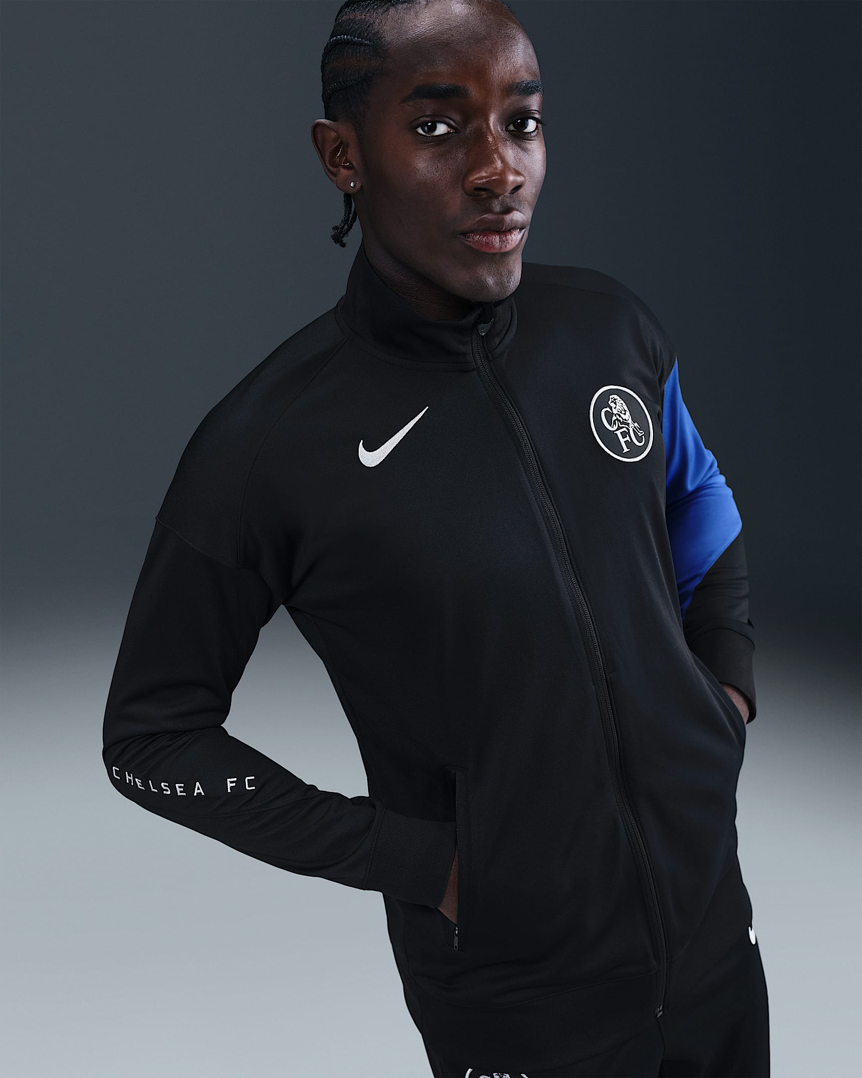 Chelsea FC Strike Third Men's Nike Dri-FIT Total 90 Soccer Knit Track Jacket - Black/Game Royal/Field Silver