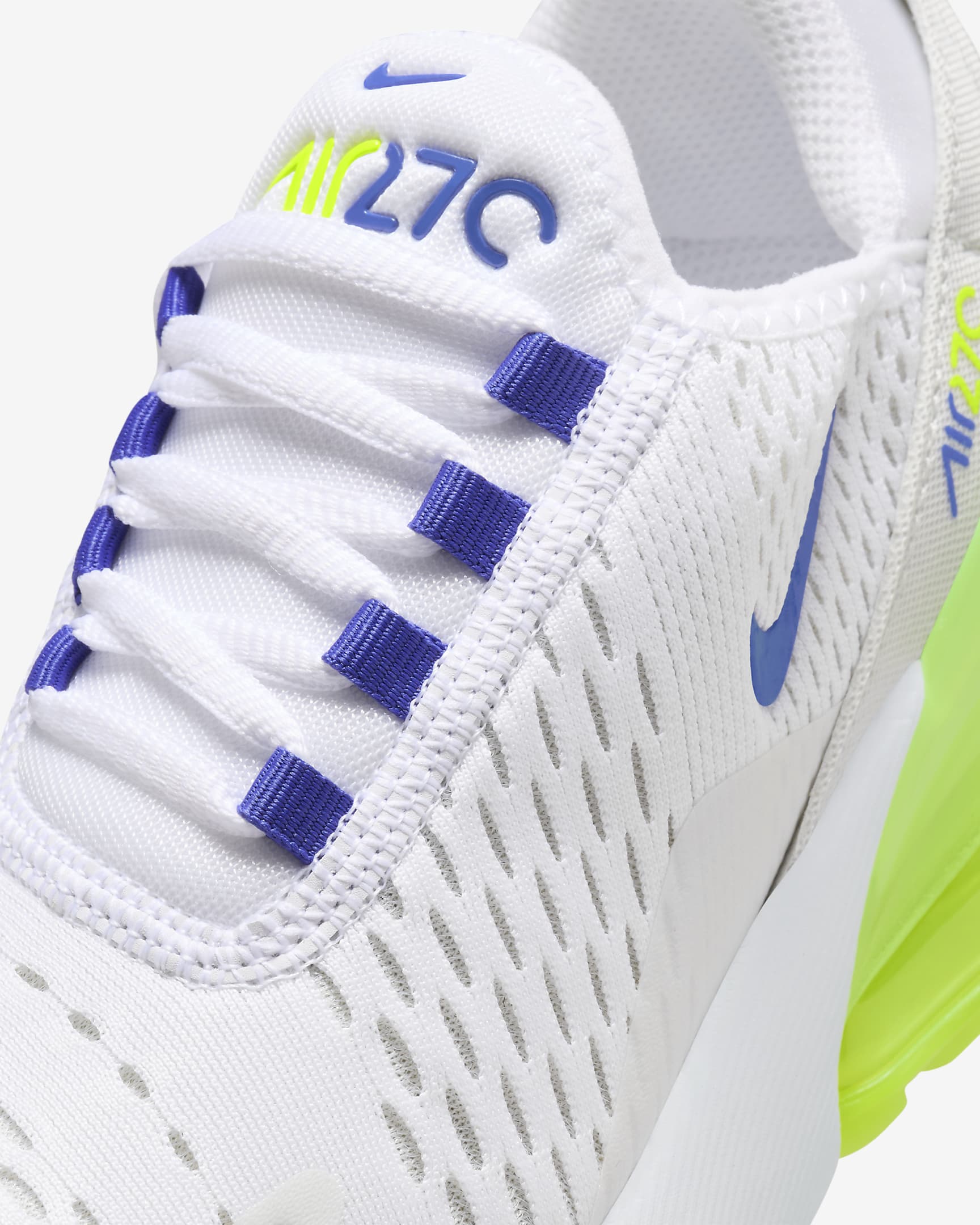 Tenis para niños grandes Nike Air Max 270 - Blanco/Volt/Polvo fotón/Azul astronómico