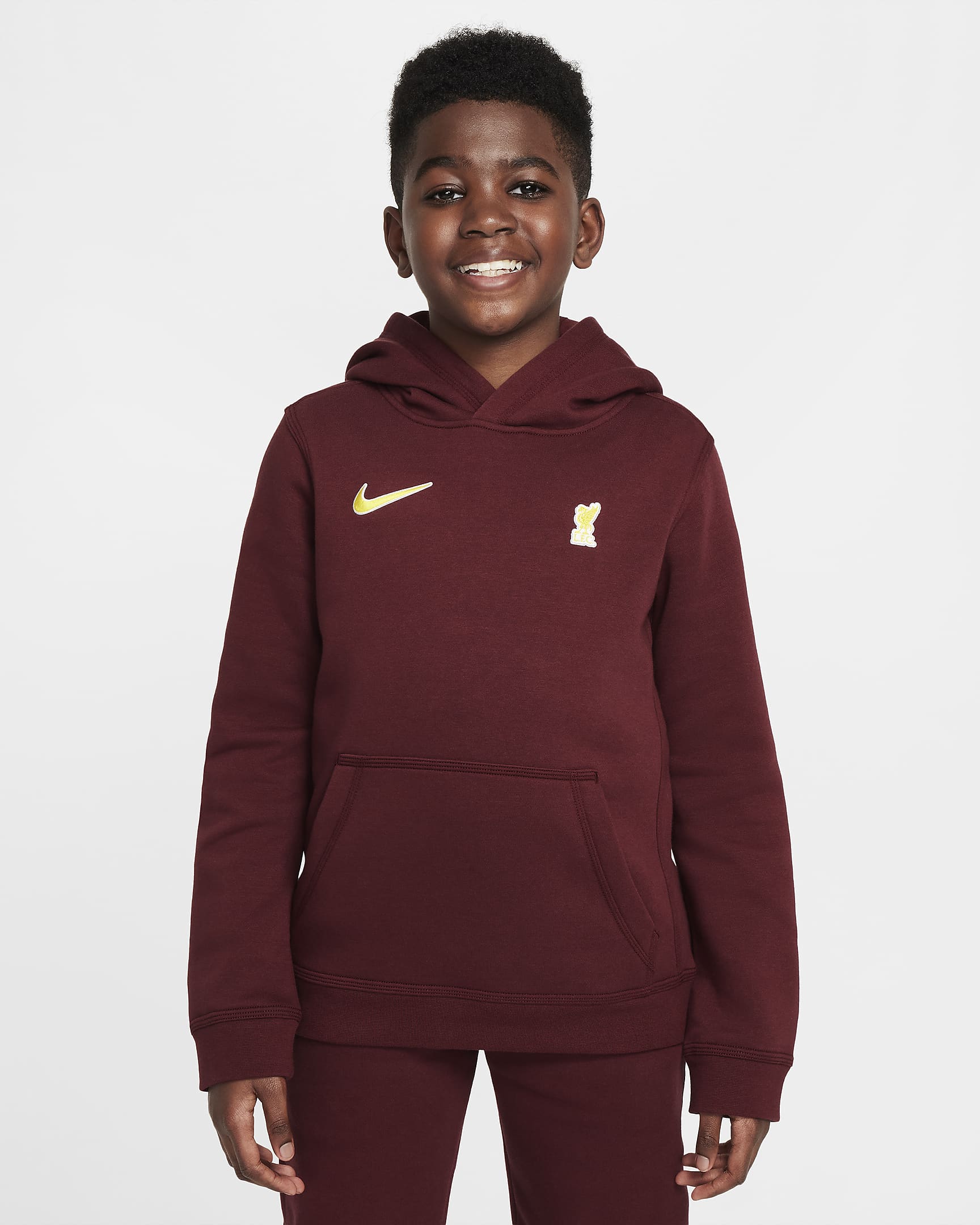 FC Liverpool Club Nike Fußball-Hoodie für ältere Kinder (Jungen) - Dark Team Red/Chrome Yellow