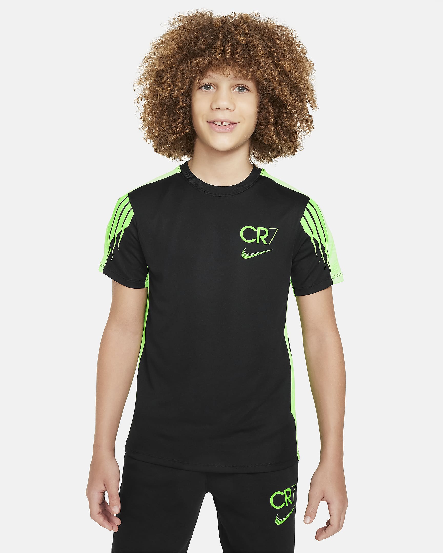 CR7 Big Kids' Dri-FIT Academy23 Soccer Top - Black/Green Strike/Green Strike