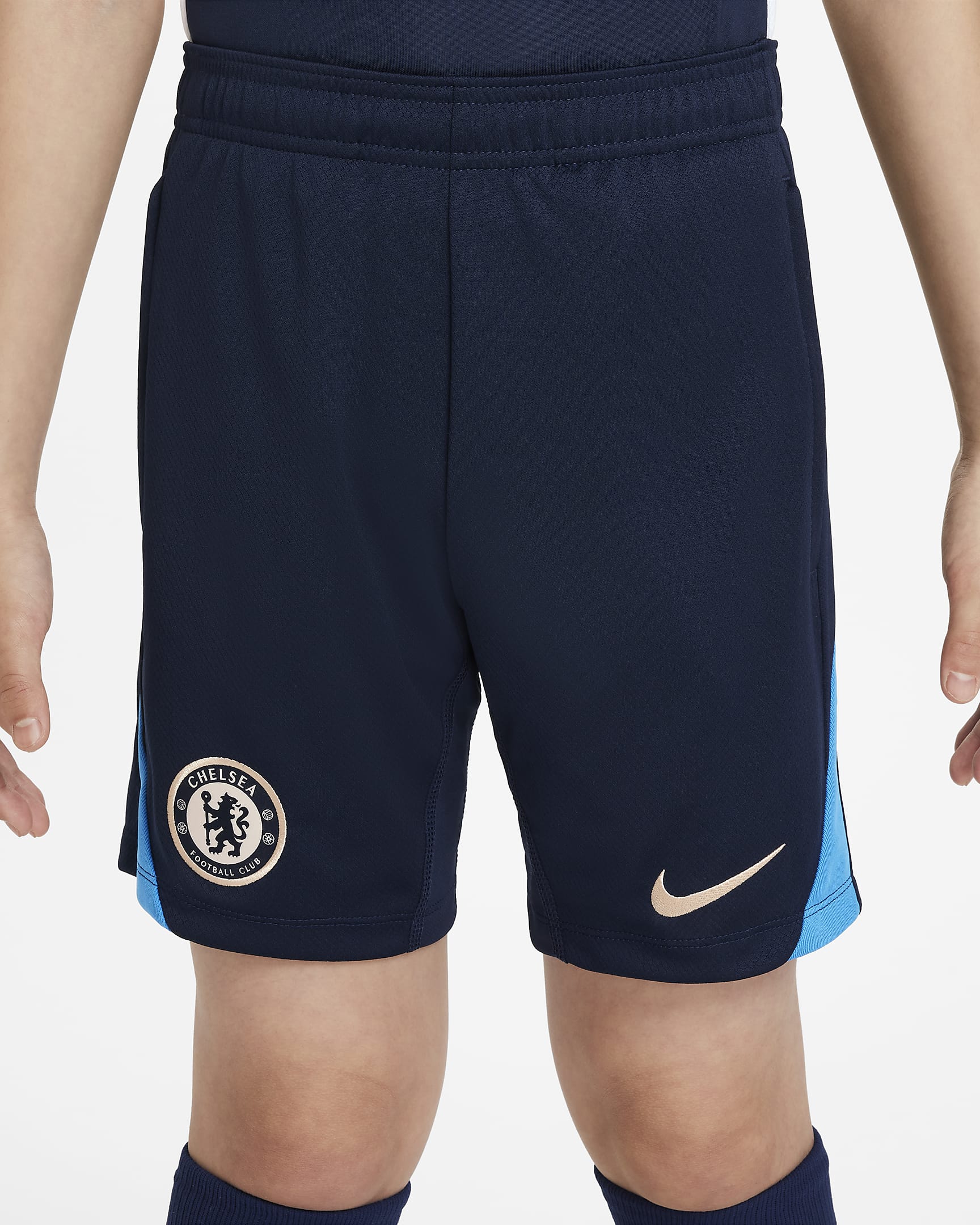 Chelsea FC Strike Nike Dri-FIT strikket fotballshorts til store barn - Obsidian/Light Photo Blue/Guava Ice