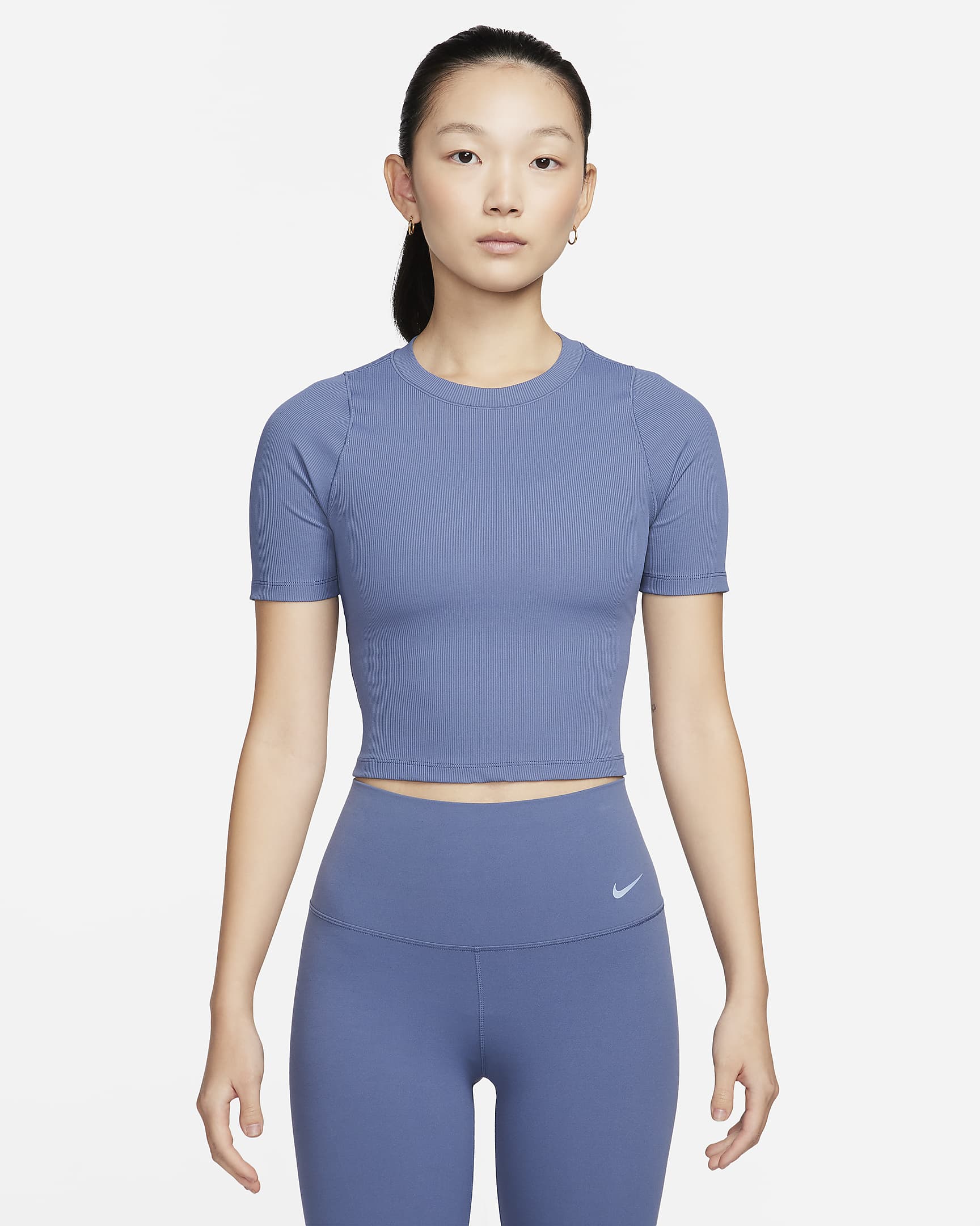 Nike Zenvy 羅紋女款 Dri-FIT 短袖短版上衣 - Diffused Blue/白色