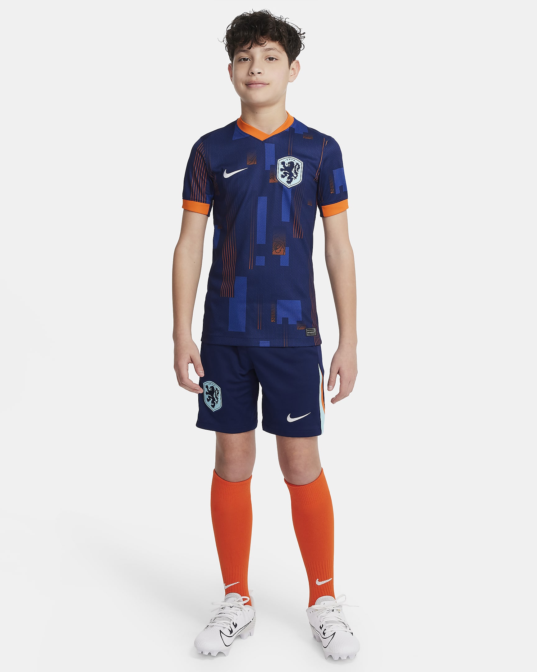 Segona equipació Stadium Països Baixos (selecció masculina) 2024/25 Samarreta de futbol Replica Nike Dri-FIT - Nen/a - Blue Void/Safety Orange/Copa/Blanc