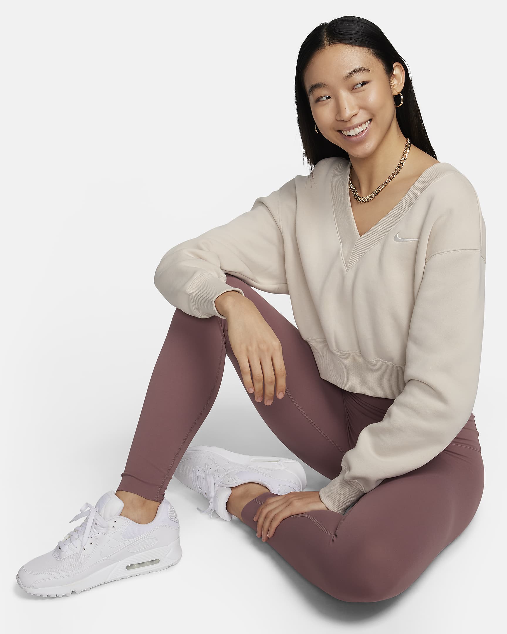 Haut court à col en V Nike Sportswear Phoenix Fleece pour femme - Light Orewood Brown/Sail