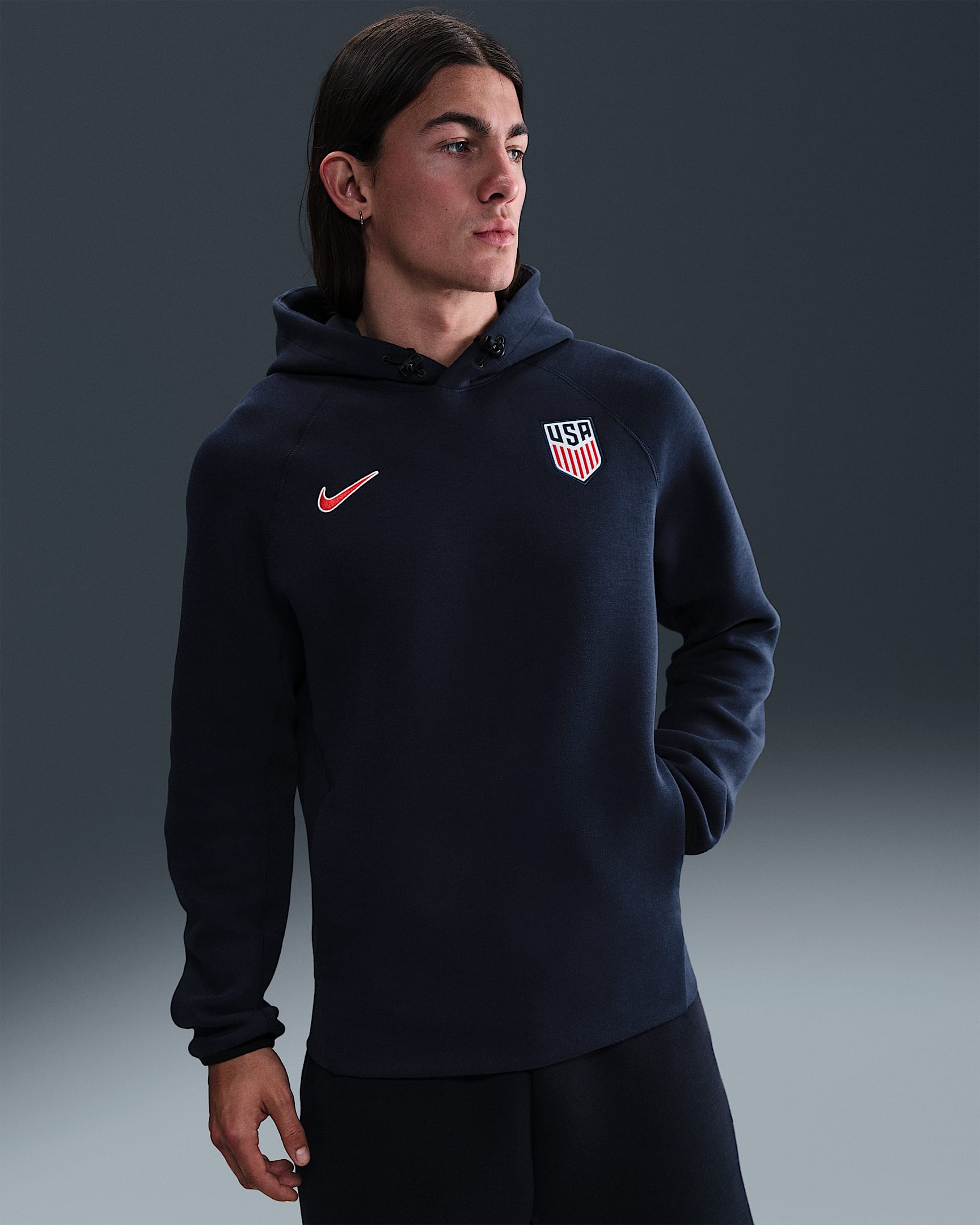 Sudadera con gorro sin cierre de fútbol Nike de tejido Fleece para hombre USMNT Tech - Obsidiana/Rojo reto