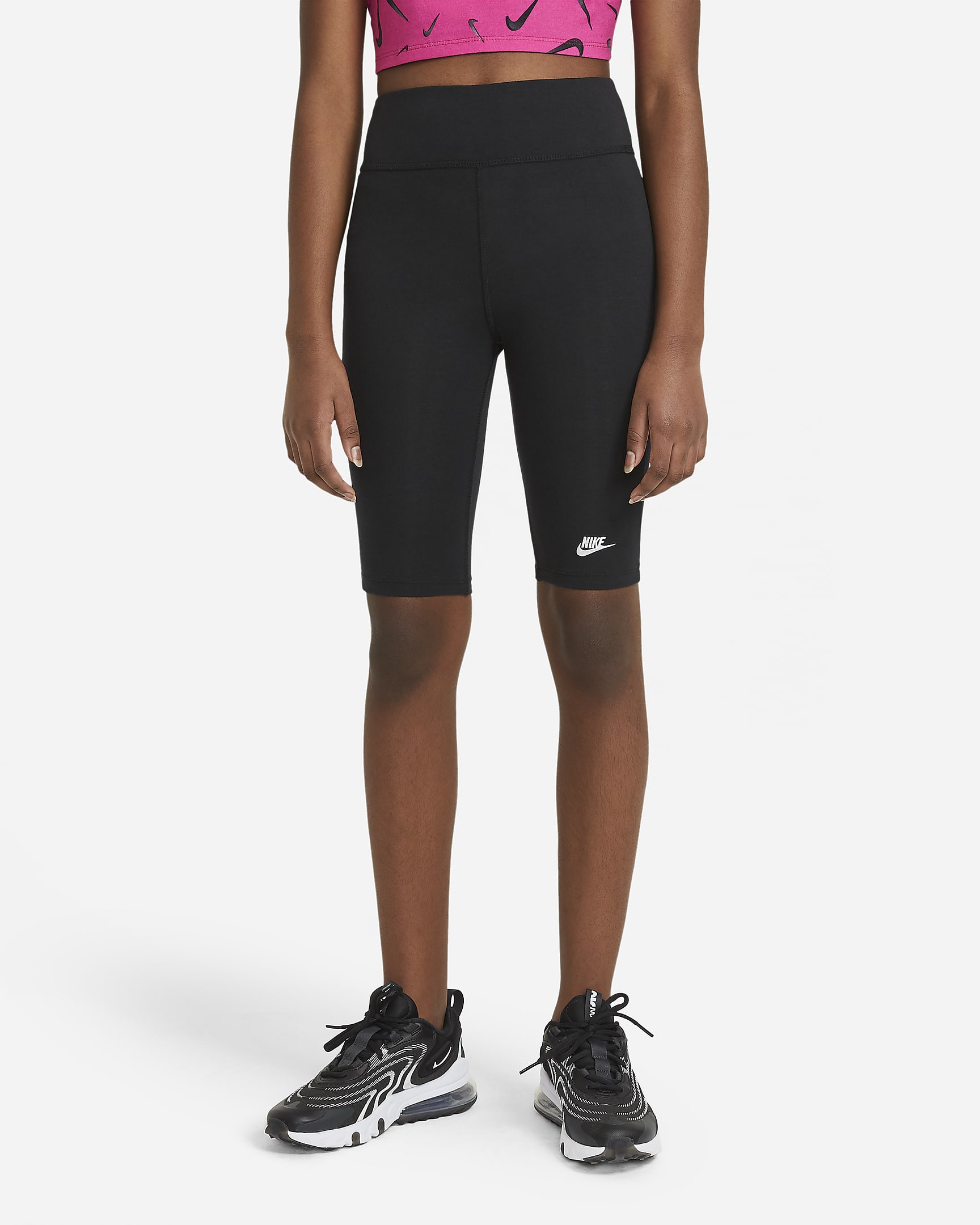 กางเกงปั่นจักรยานขาสั้น 9 นิ้วเอวสูงเด็กโต Nike Sportswear (หญิง) - ดำ/ขาว