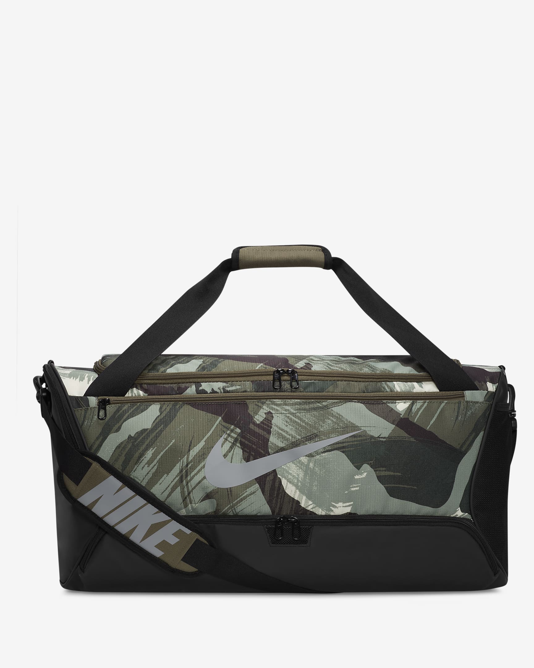 Nike Brasilia 9.5 Printed Training Duffel Bag (Medium, 60L) - Medium Olive/Black/Particle Grey