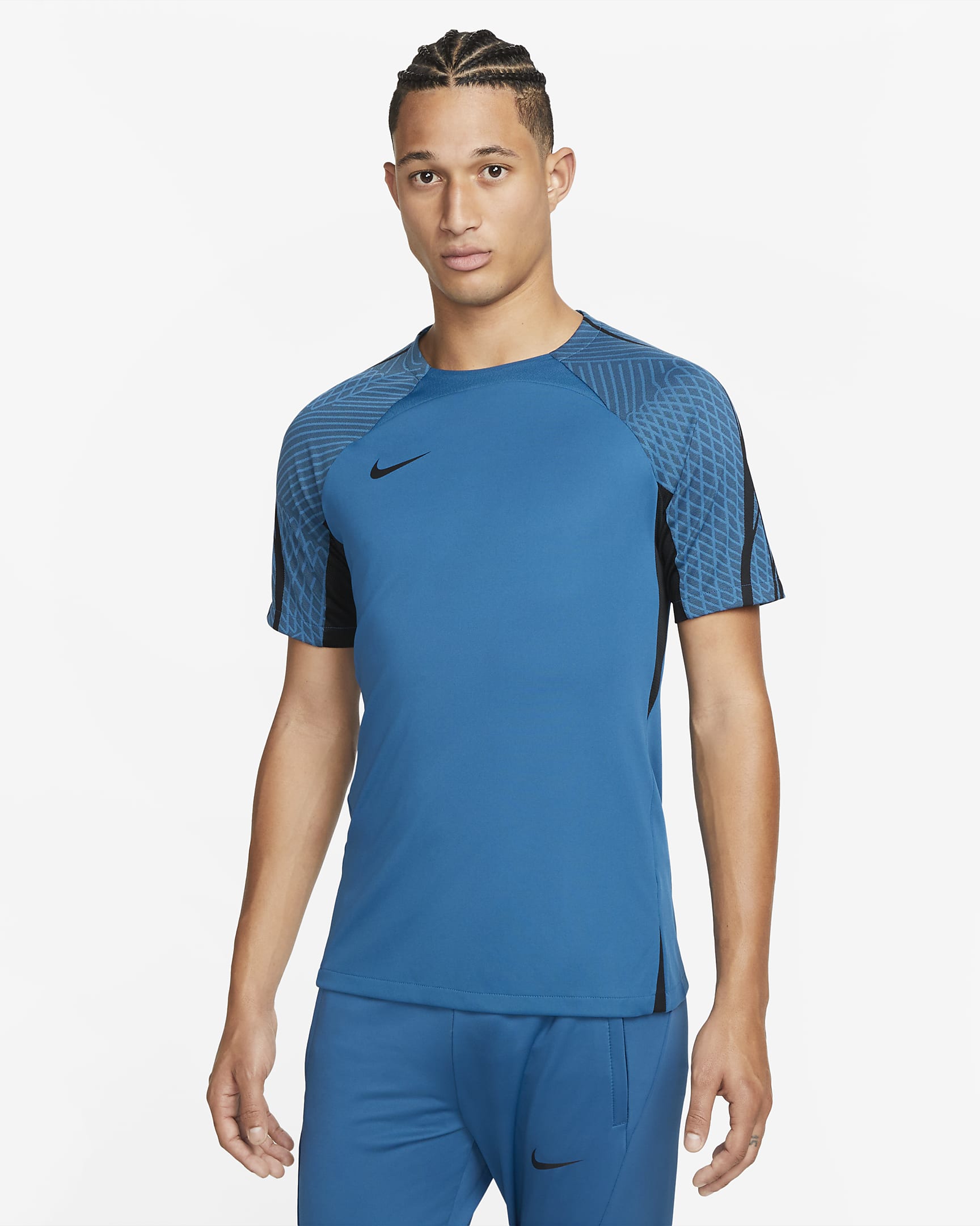 Nike Dri-FIT Strike-fodboldoverdel med korte ærmer til mænd - Industrial Blue/sort/sort