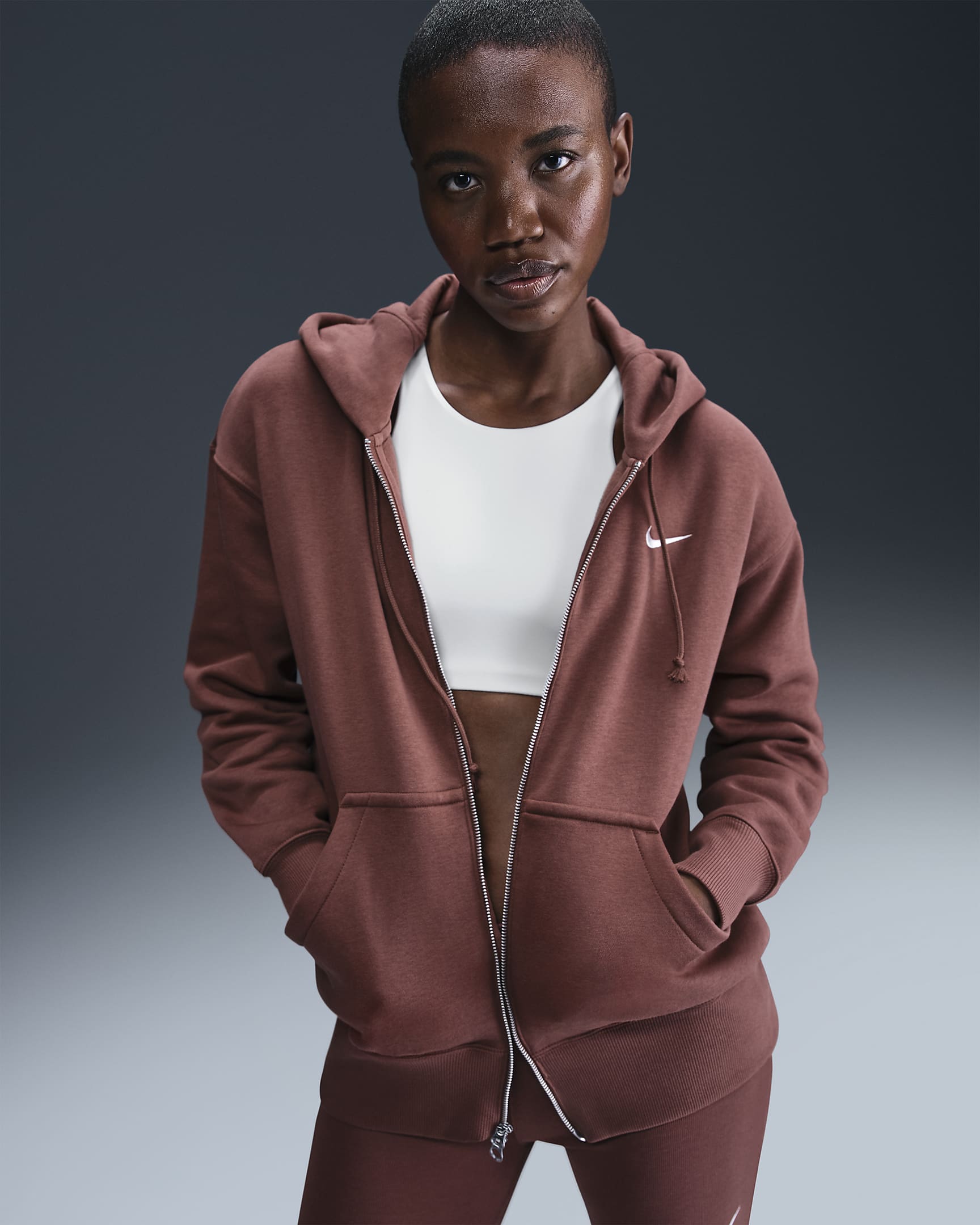 Nike Sportswear Phoenix Fleece Women's Oversized Full-Zip Hoodie - Red Sepia/Sail