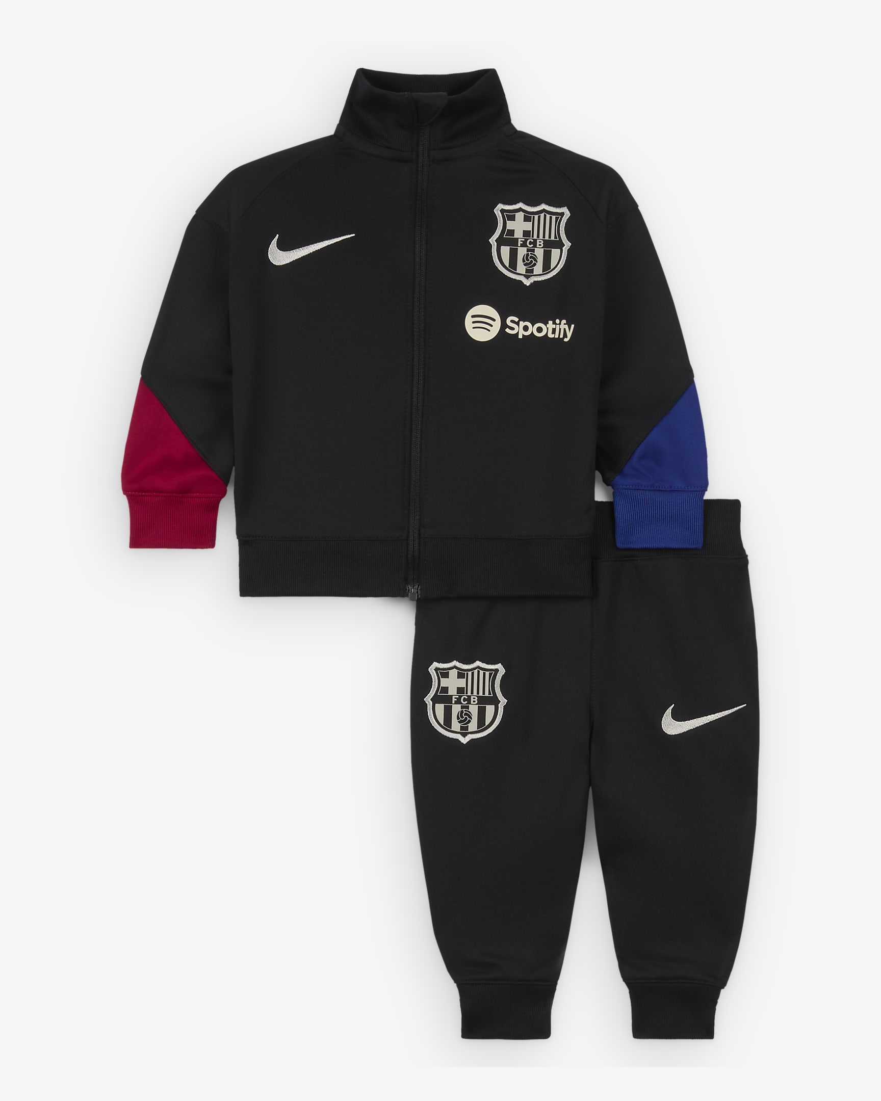 Maskinstrikket FC Barcelona Strike Nike Dri-FIT-fodboldtracksuit til babyer - sort/Noble Red/Deep Royal Blue/Light Orewood Brown