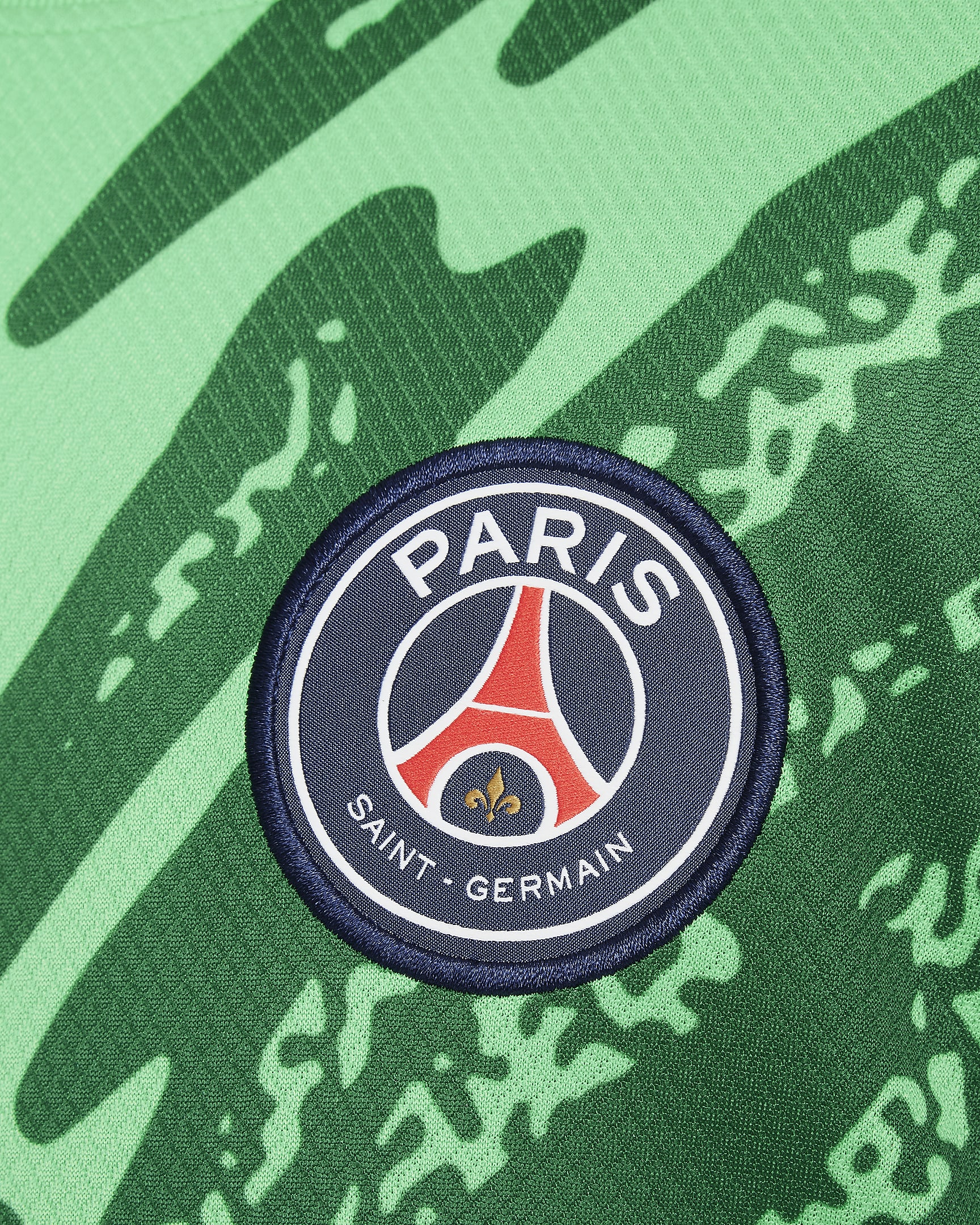 Camisola de futebol de réplica Nike Dri-FIT do equipamento de guarda-redes Stadium Paris Saint-Germain 2024 Júnior - Verde Spark/Verde Pine/Branco