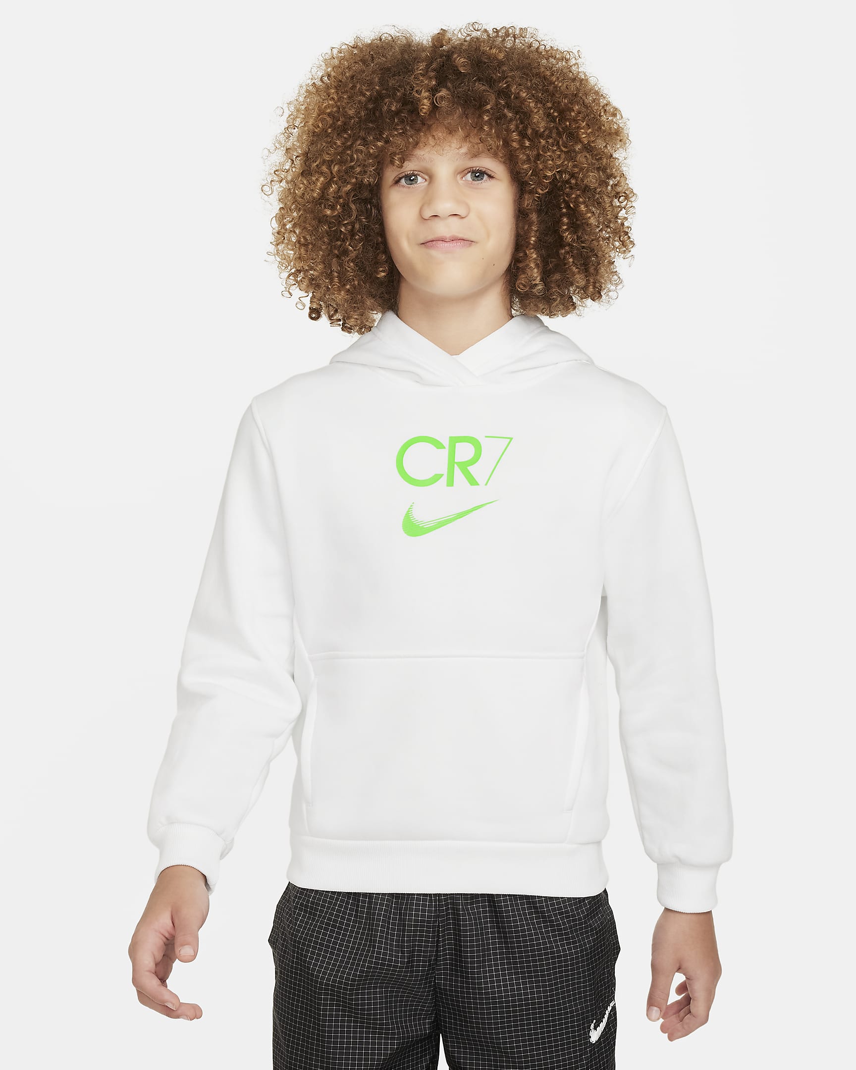 CR7 Big Kids' Club Fleece Soccer Hoodie - White/Green Strike