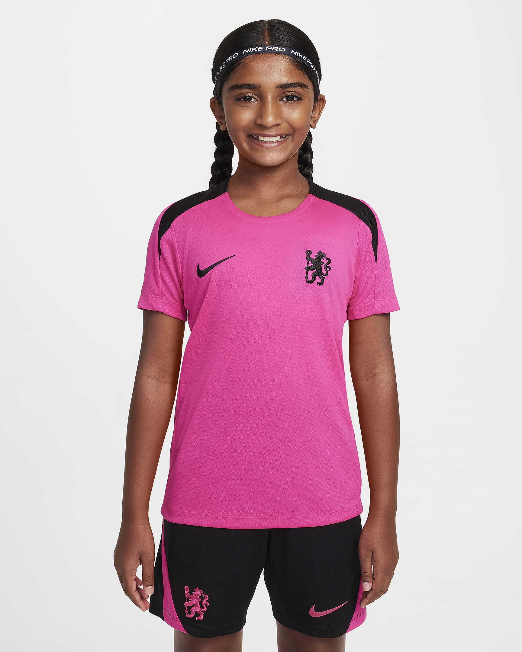 Chelsea F.C. Strike (tredjedrakt) Nike Dri-FIT kortermet strikket fotballtrøye til store barn - Pink Prime/Pink Prime/Svart/Svart