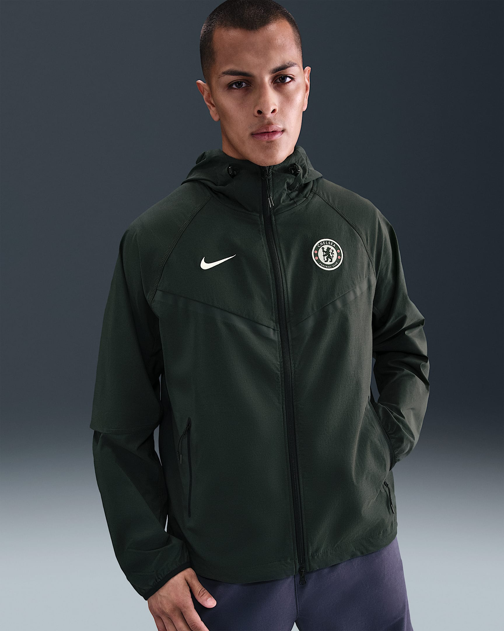 FC Chelsea Tech Windrunner Nike Fußballjacke aus Webmaterial mit durchgehendem Reißverschluss (Herren) - Outdoor Green/Outdoor Green/Phantom