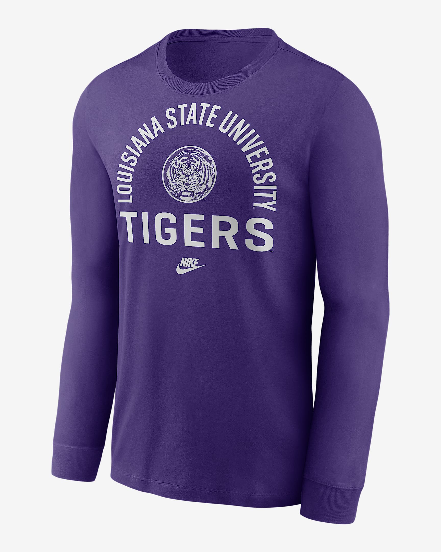 Playera de manga larga universitaria Nike para hombre LSU Legacy Arched Logo - Morado