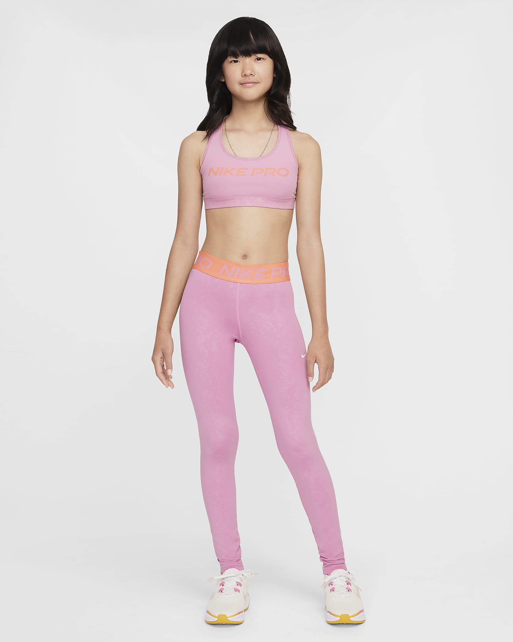 Dziewczęce legginsy ze średnim stanem Dri-FIT Nike Pro - Magic Flamingo/Light Wild Mango/Biel