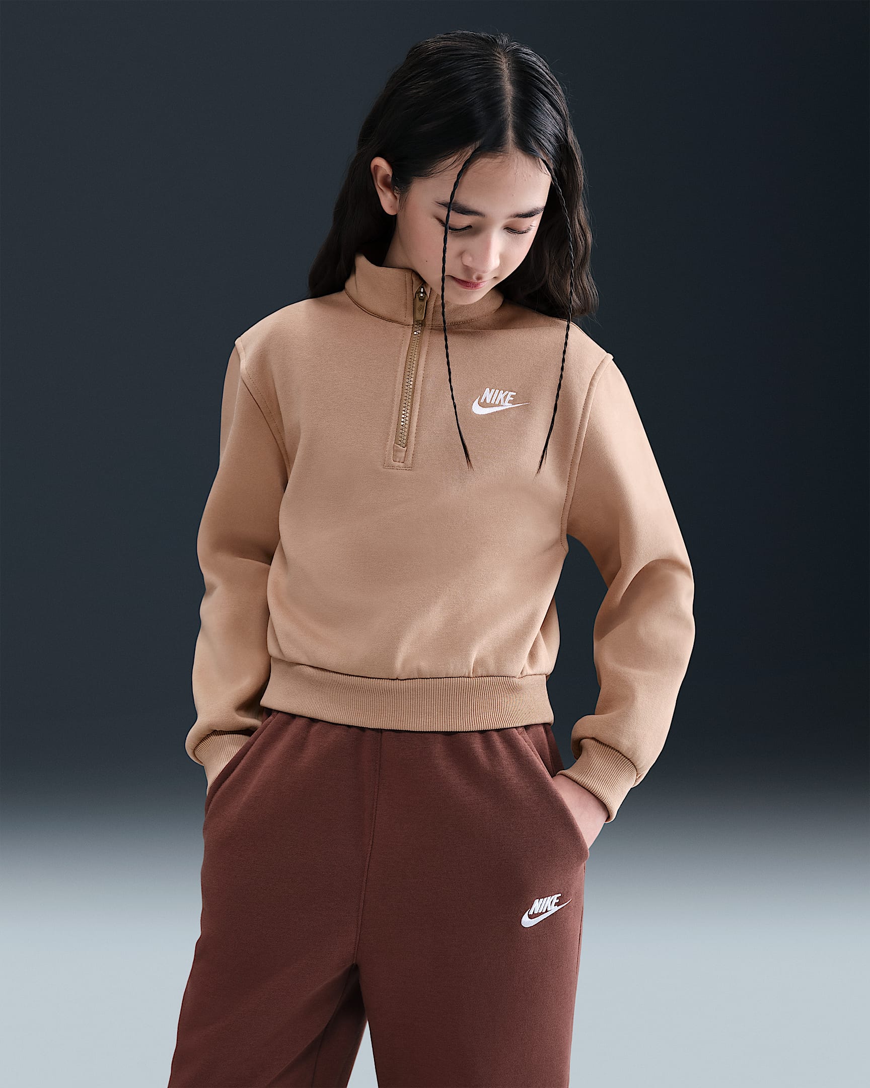Nike Sportswear Club Fleece Big Kids' (Girls') 1/2-Zip Long-Sleeve Top - Hemp/White