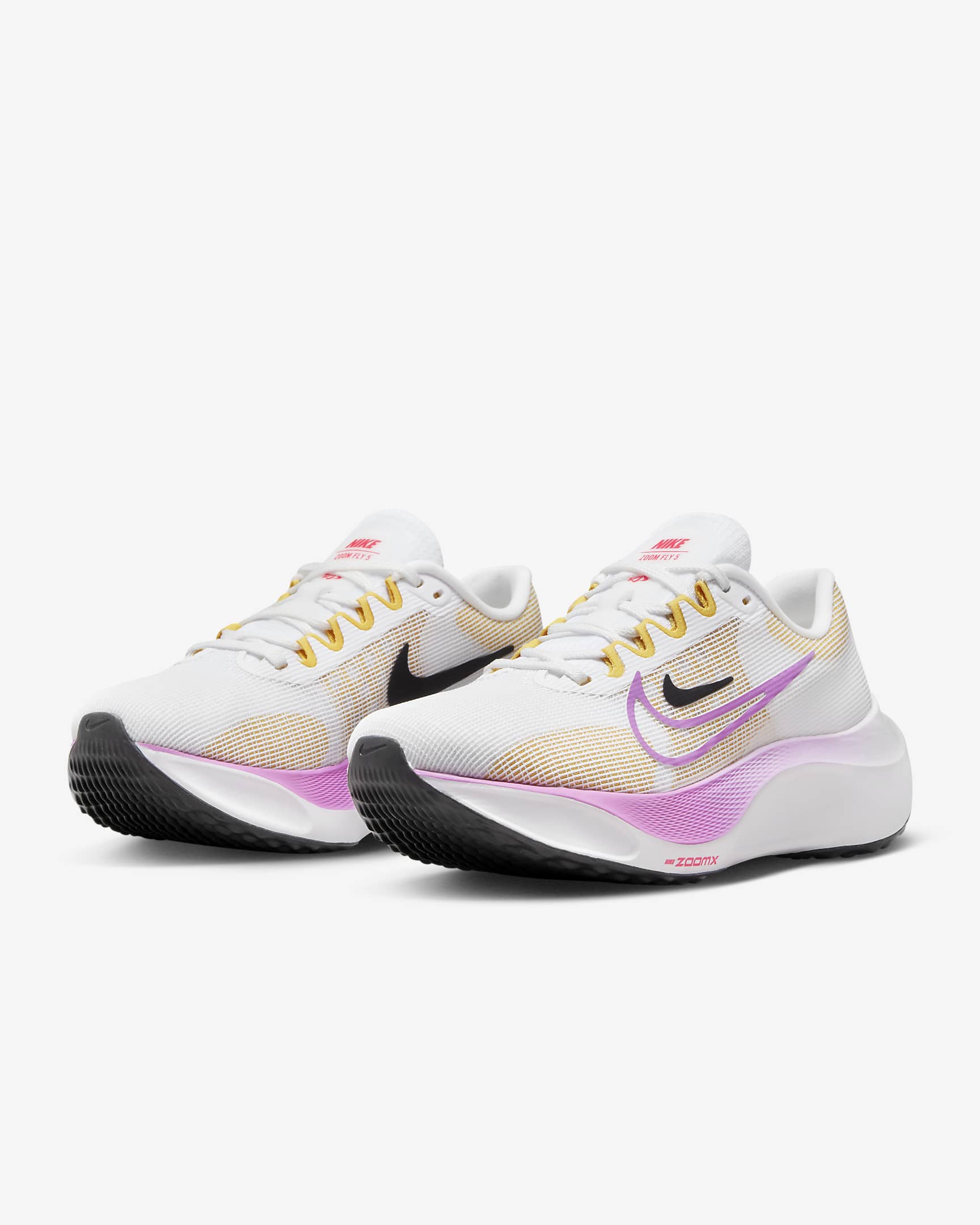 Tenis de correr en pavimento para mujer Nike Zoom Fly 5 - Blanco/Sulfuro vivo/Marrón ámbar/Fucsia enérgico