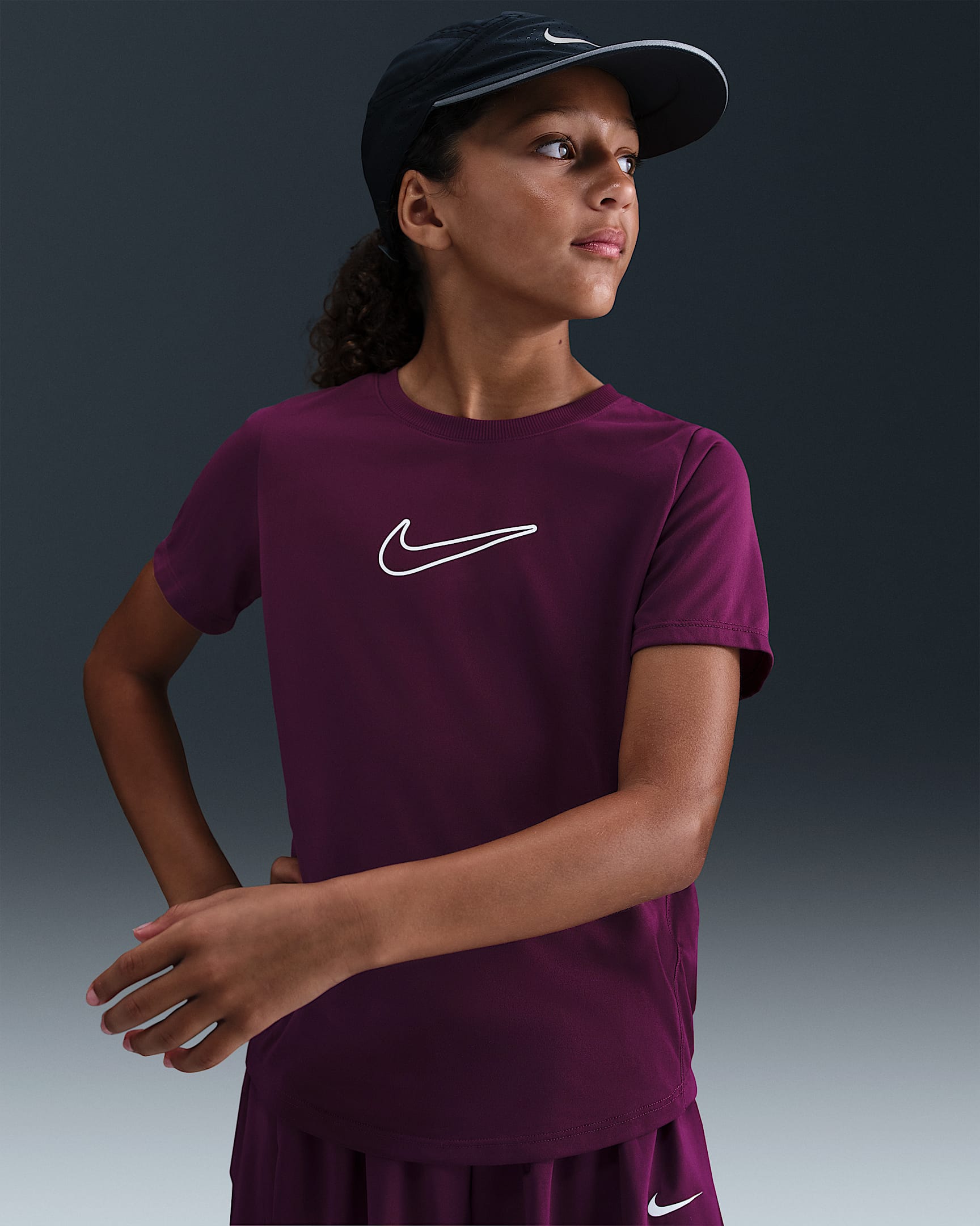 Nike One Fitted Big Kids' (Girls') Dri-FIT Short-Sleeve Top - Bordeaux/White