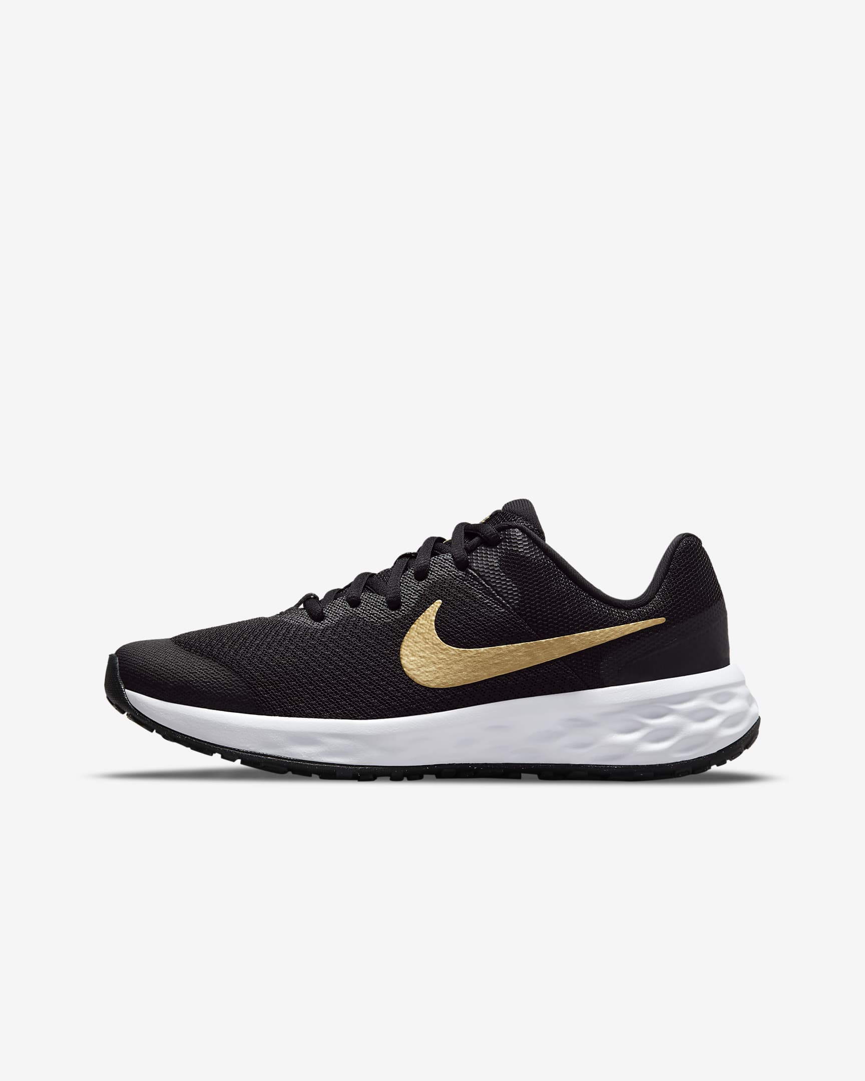 Nike Revolution 6 Big Kids' Road Running Shoes - Black/White/Metallic Gold