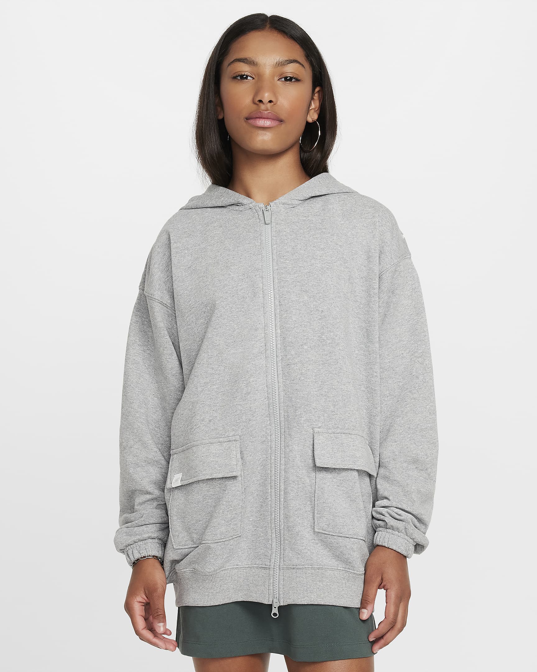 Dívčí volná flísová mikina s kapucí Nike Sportswear Dri-FIT - Dark Grey Heather