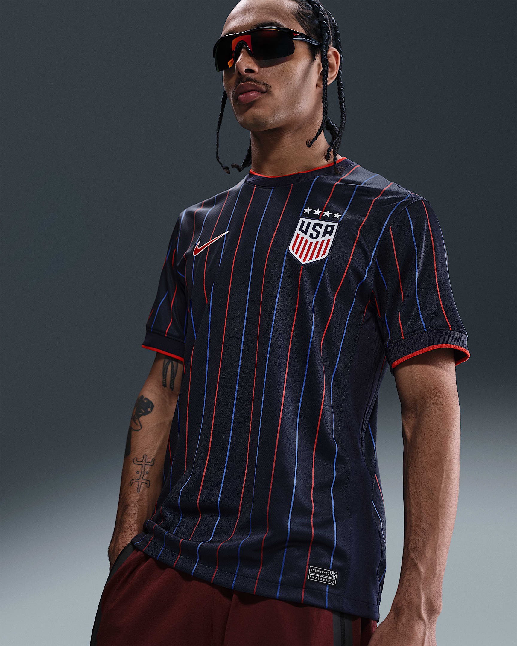 USWNT 2025 Stadium Away (Women's Team) Men's Nike Dri-FIT Soccer Replica Jersey - Obsidian/Challenge Red/Challenge Red