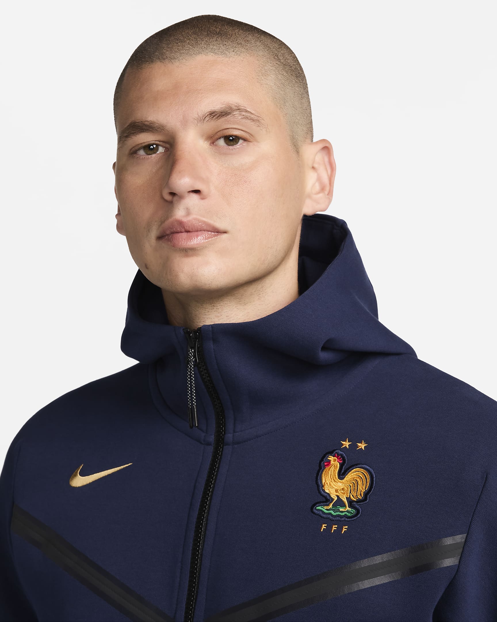 FFF Tech Fleece Windrunner Nike Tam Boy Fermuarlı Erkek Kapüşonlu Futbol Üstü - Blackened Blue/Club Gold