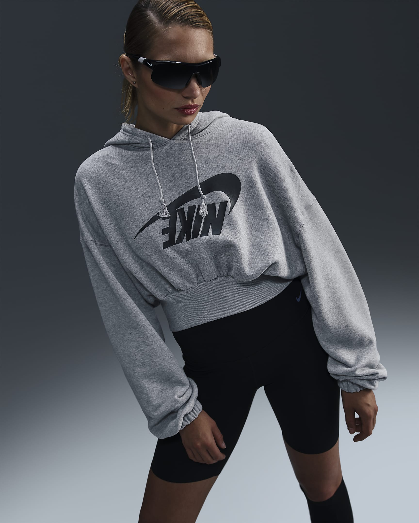 Nike Sportswear Women's Oversized Cropped French Terry Pullover Hoodie - Dark Grey Heather/Black