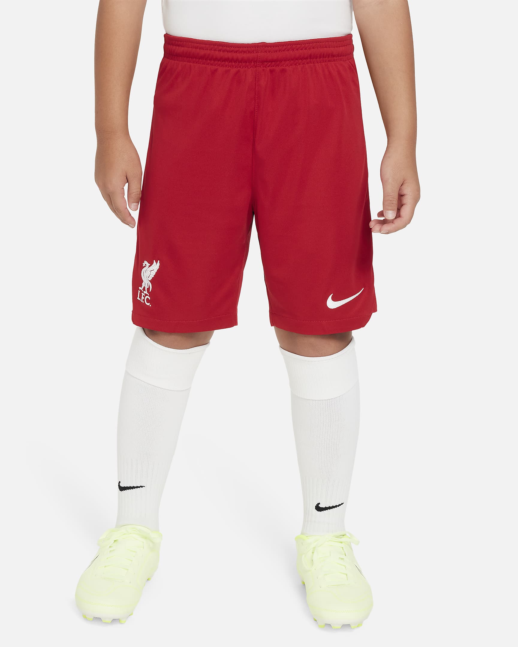 Shorts de fútbol Nike Dri-FIT del Liverpool FC local 2023/24 Stadium para niños talla grande - Rojo gimnasio/Blanco