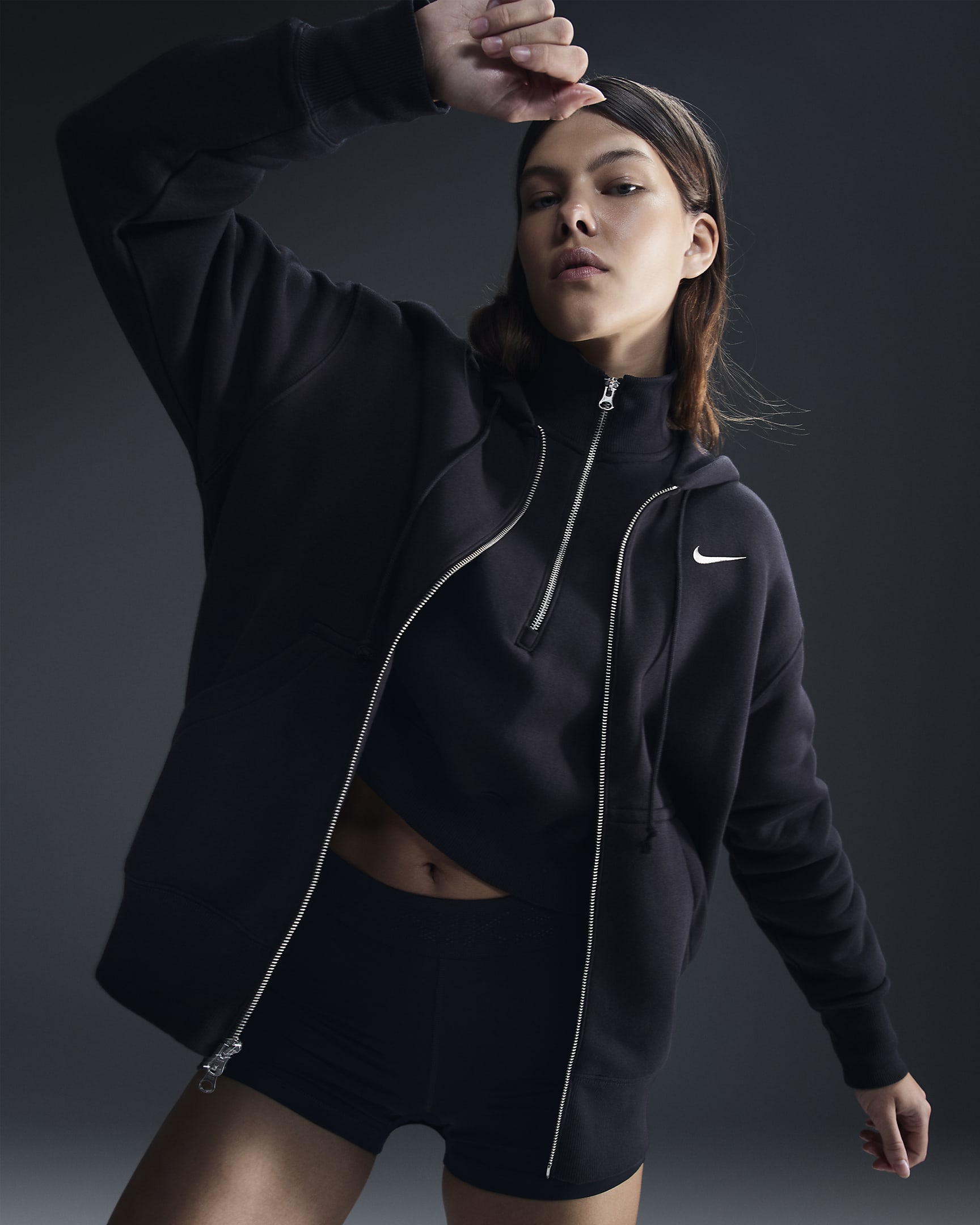 Sudadera con gorro con cierre completo de tejido Fleece oversized para mujer Nike Sportswear Phoenix - Negro/Vela