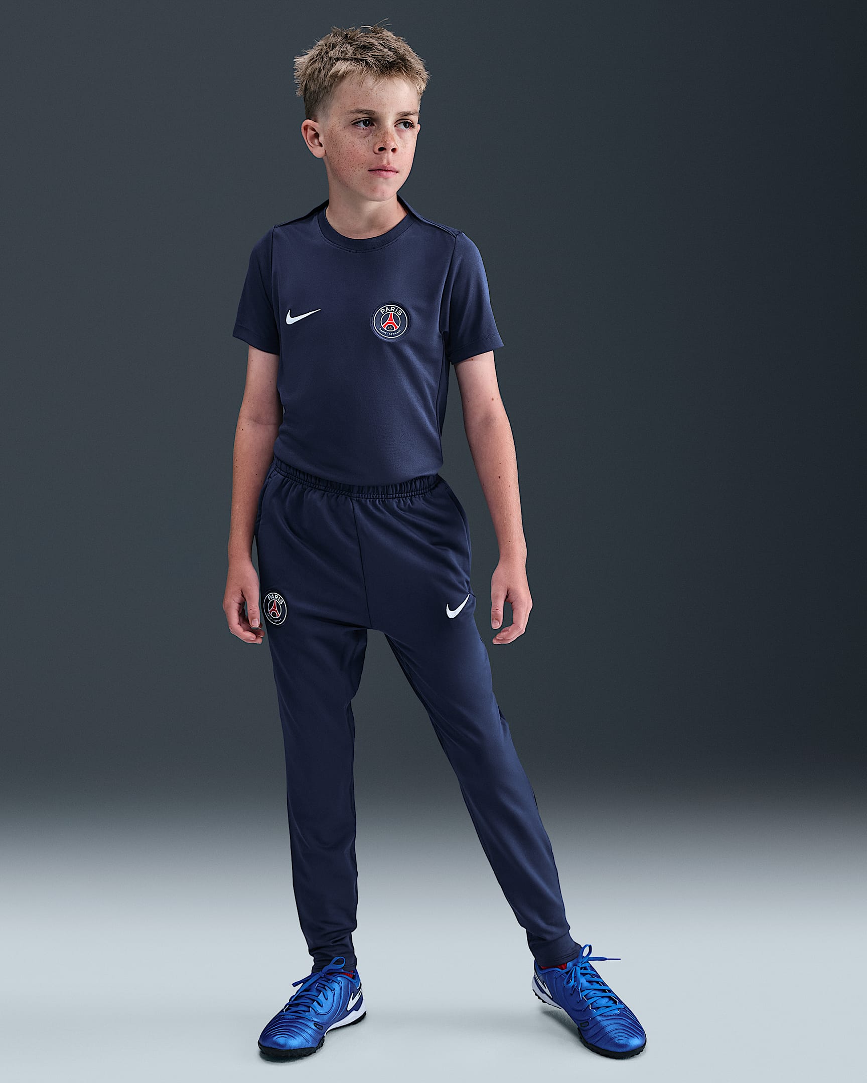 Pantalon de foot en maille Nike Dri-FIT Paris Saint-Germain Strike pour ado - Midnight Navy/Hyper Royal/Blanc