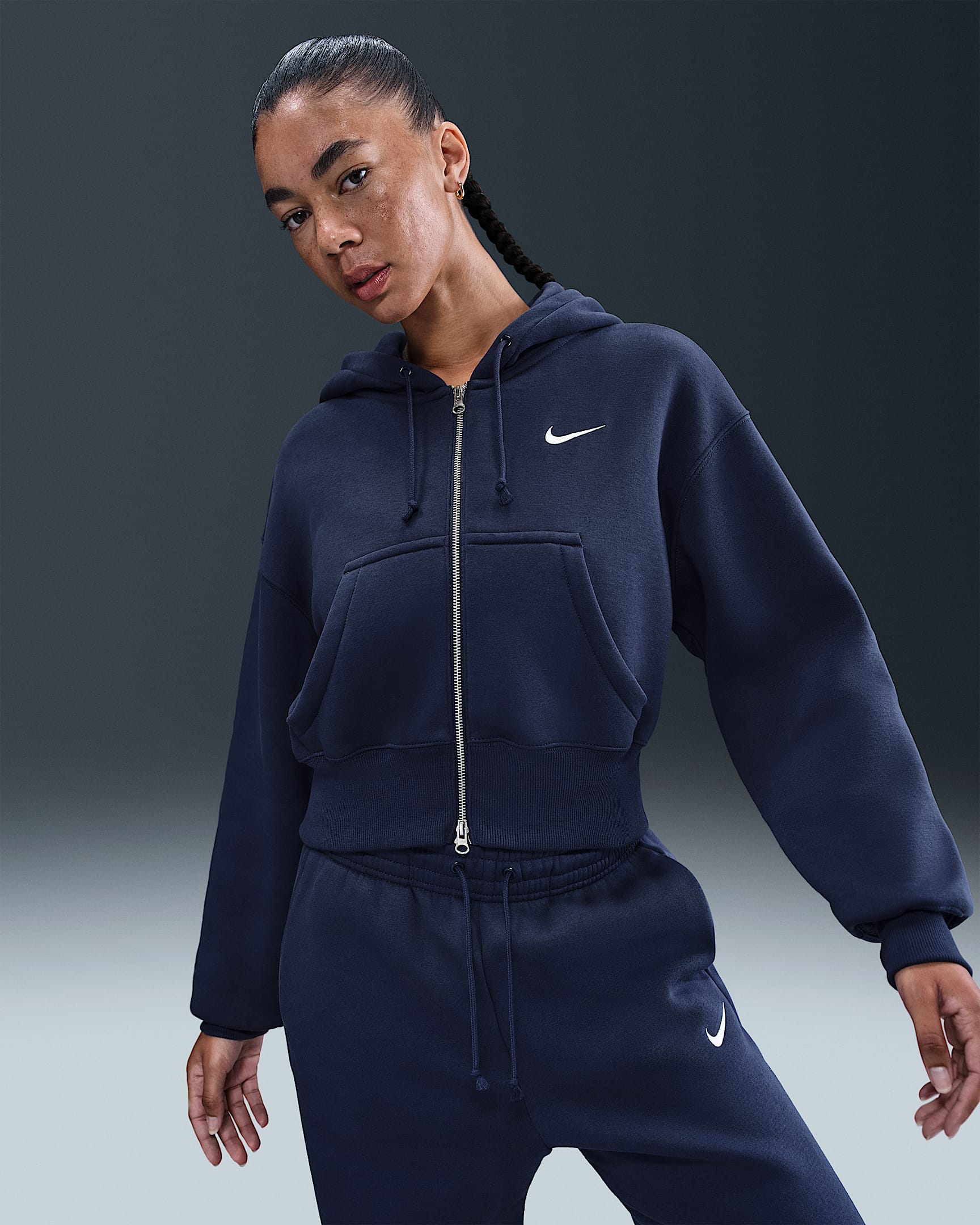 Sudadera con gorro holgada cropped con cierre completo para mujer Nike Sportswear Phoenix Fleece - Azul marino medianoche/Vela