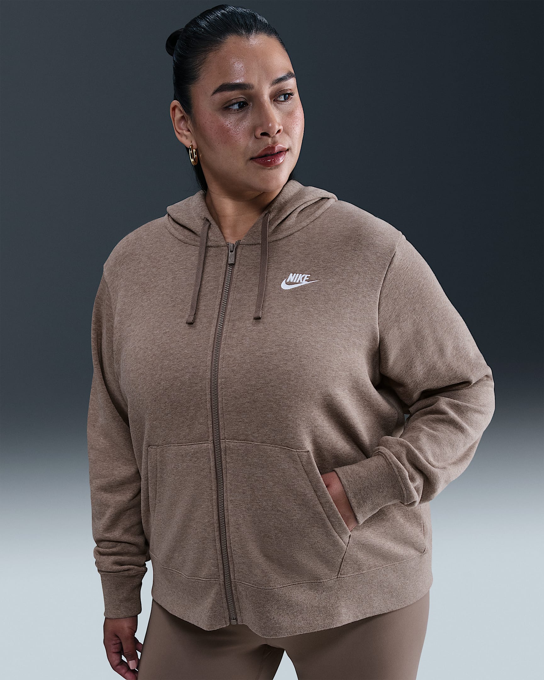 Nike Sportswear Club Fleece Women's Full-Zip Hoodie (Plus Size) - Mink Brown/Heather/White