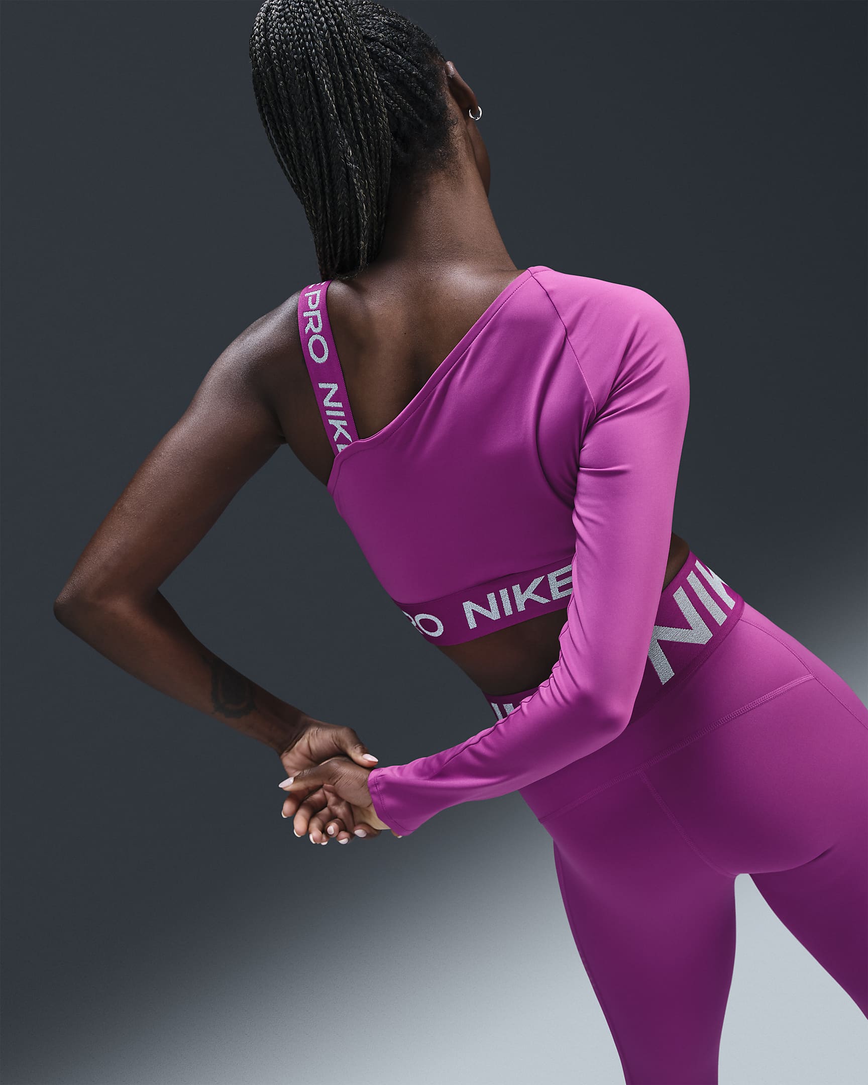 Nike Pro Shine Women's Dri-FIT Asymmetrical Cropped Top - Hot Fuchsia