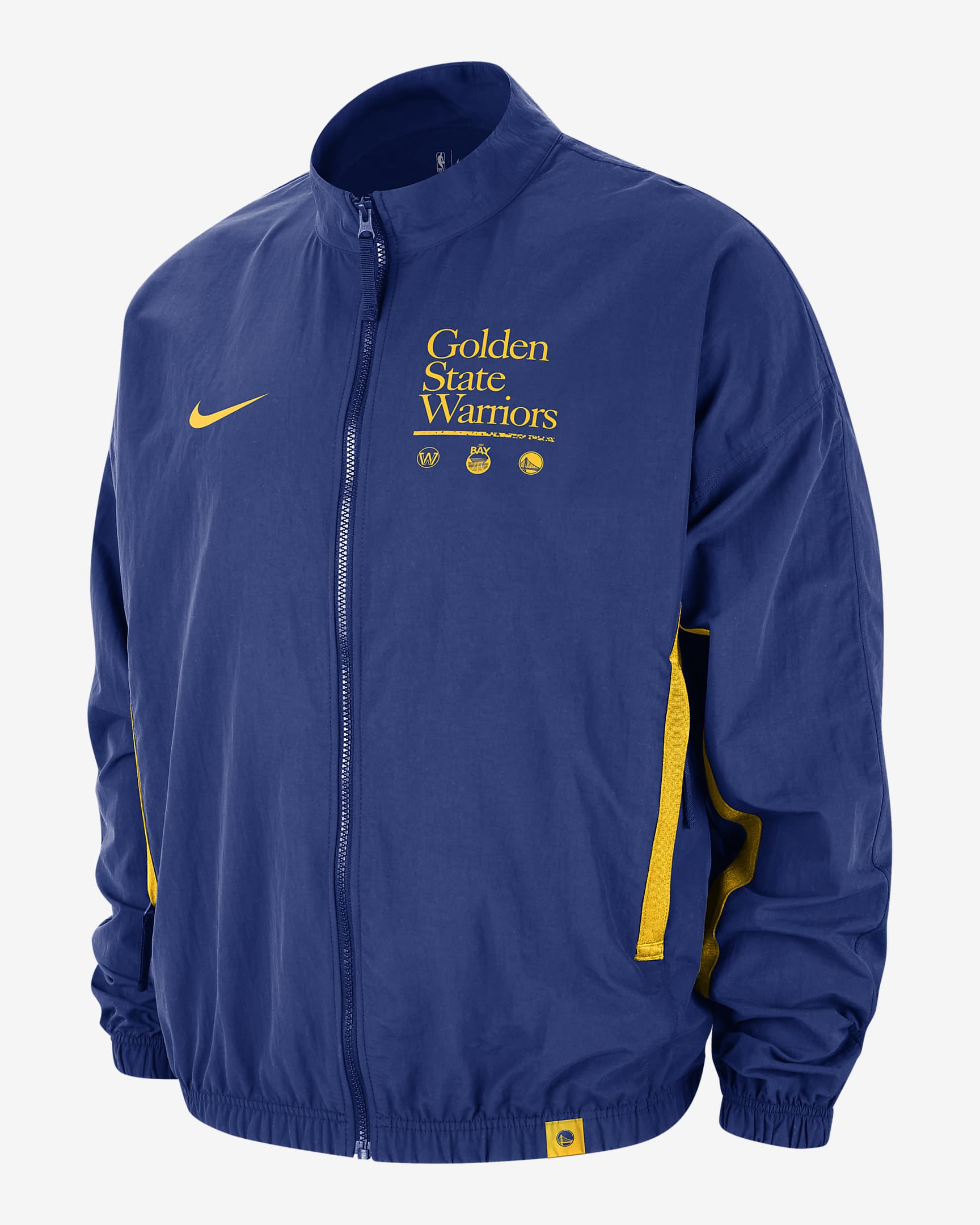Golden State Warriors DNA Courtside Men's Nike NBA Woven Graphic Jacket - Rush Blue/Amarillo/Amarillo
