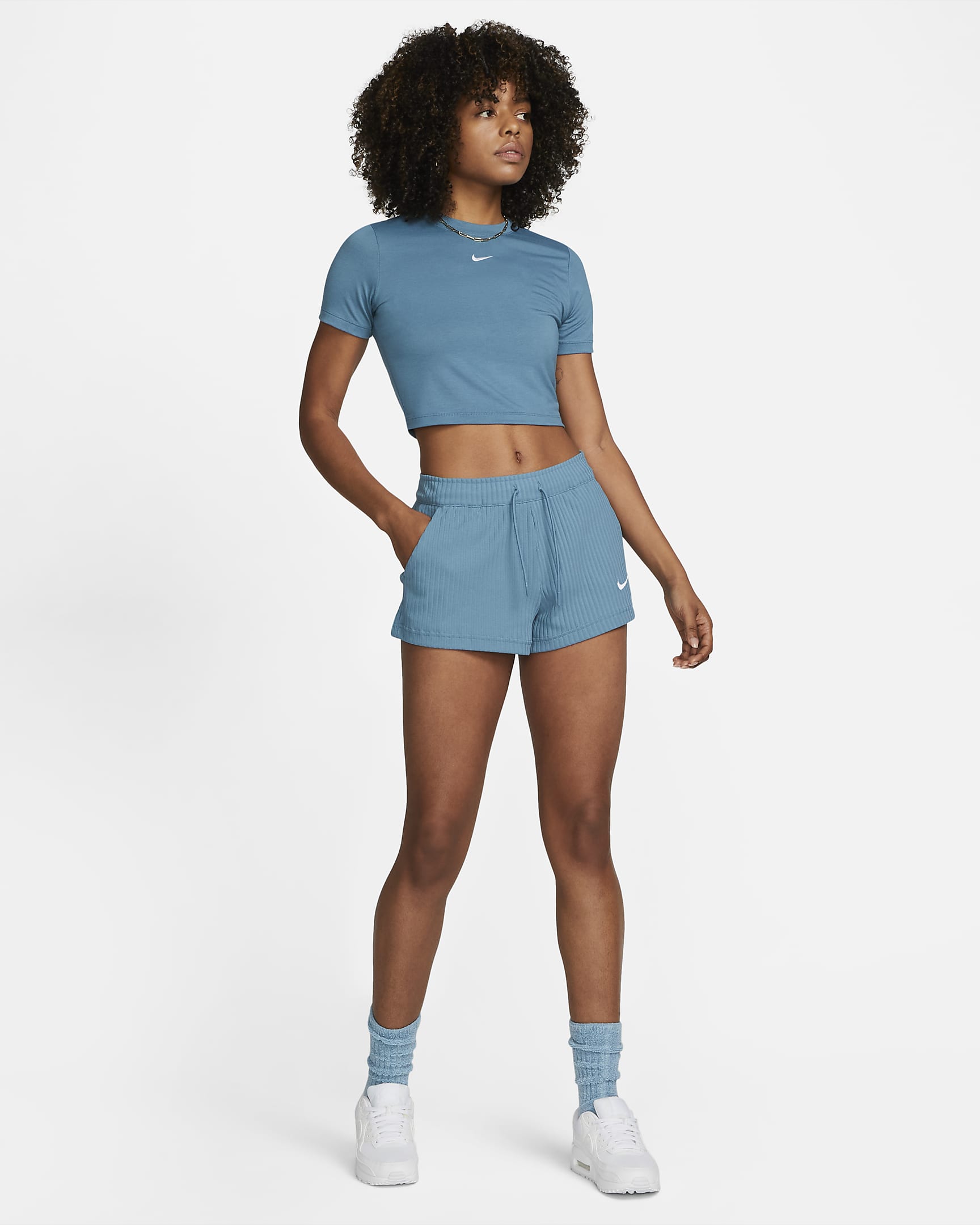 Nike Sportswear Women's High-Waisted Ribbed Jersey Shorts - Noise Aqua/White