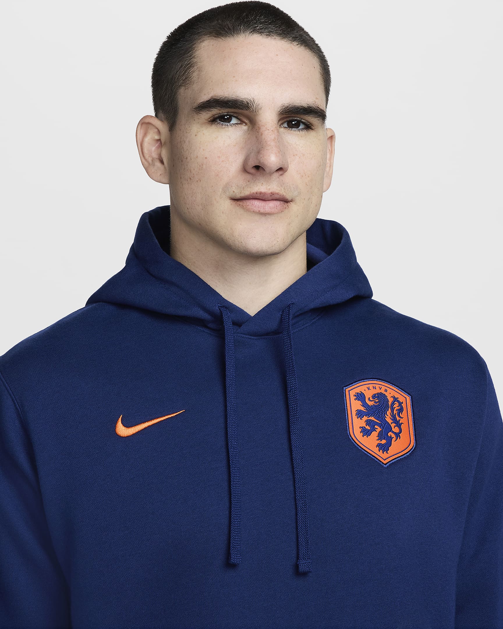 Netherlands Club Men's Nike Football Pullover Hoodie - Blue Void/Safety Orange