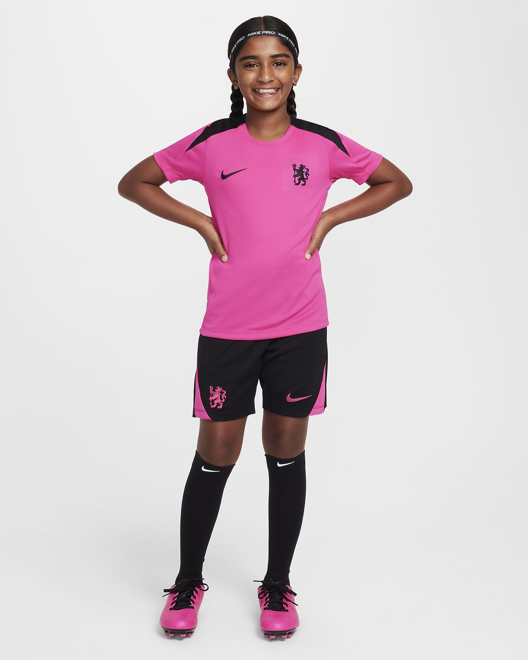 Maglia a manica corta Nike Football Dri-FIT Chelsea FC Strike per ragazzo/a – Terza - Pink Prime/Pink Prime/Nero/Nero